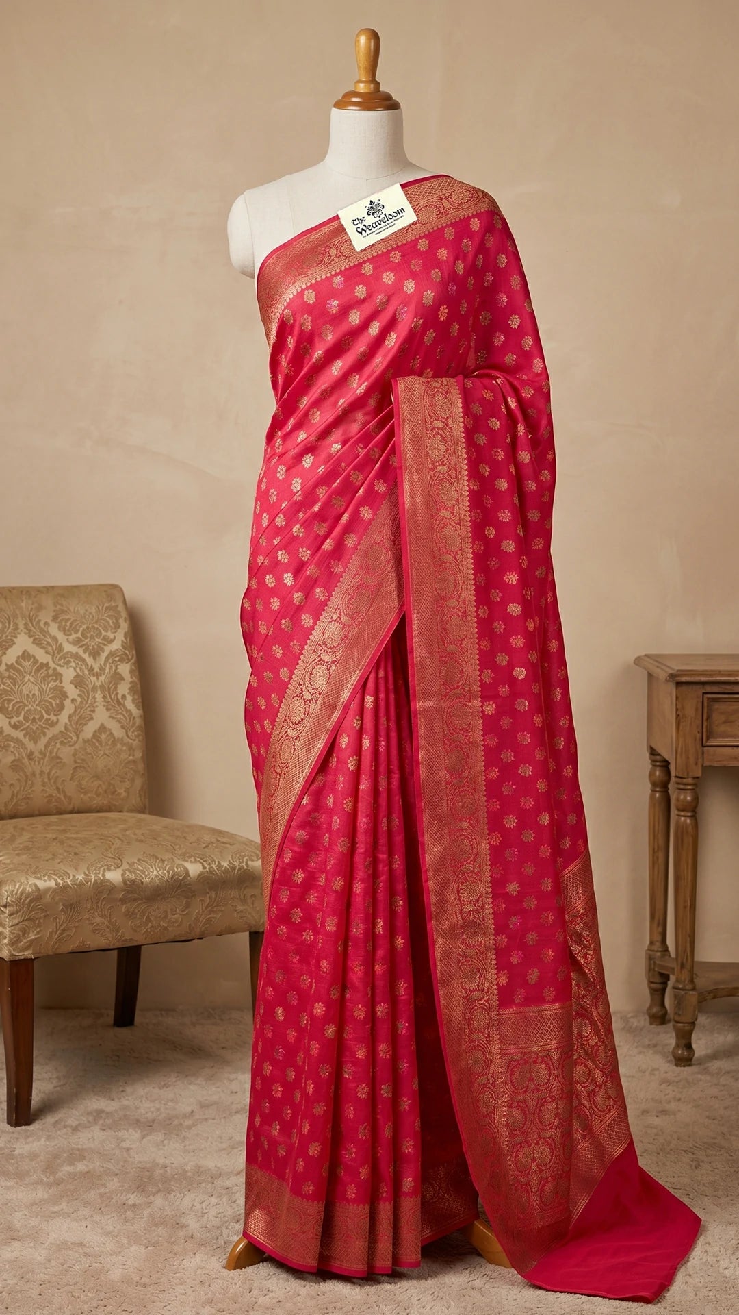 The Weaveloom Gajri Munga Silk Pure Banarasi Saree with Meenakari Single Flower Buti and Antique Zari