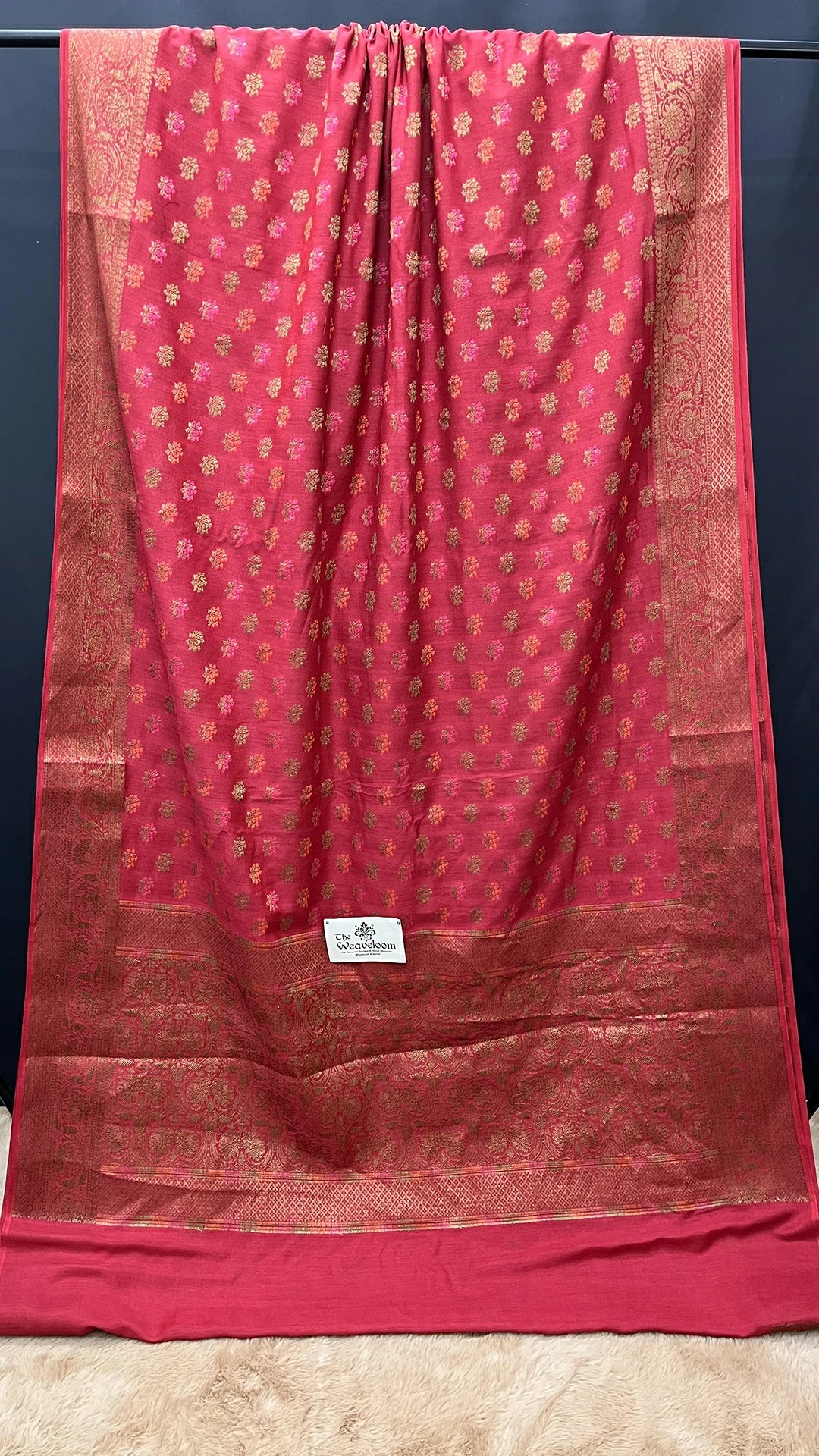 The Weaveloom Gajri Munga Silk Pure Banarasi Saree with Meenakari Single Flower Buti and Antique Zari