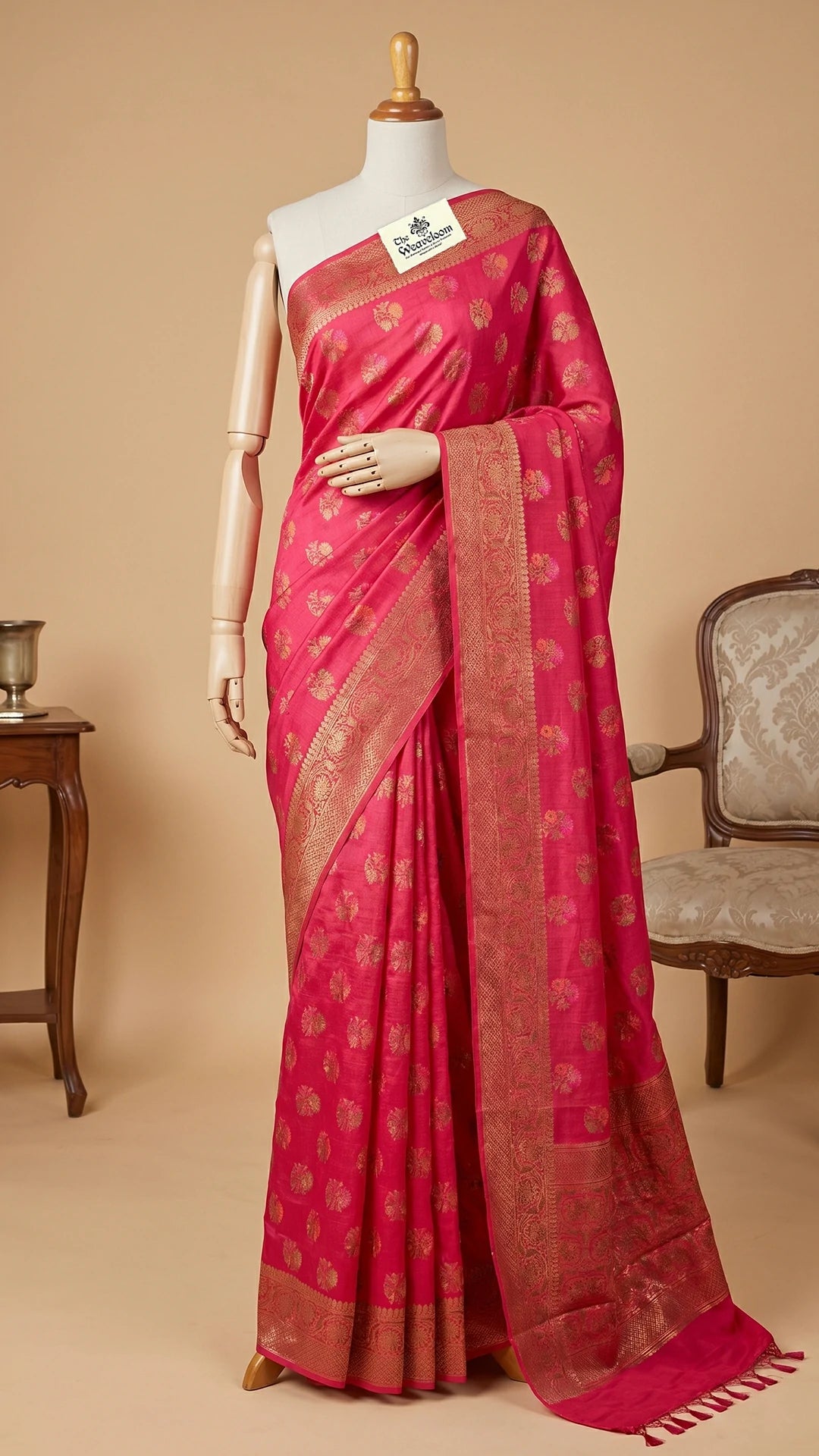 The Weaveloom Gajri Pink Munga Silk Pure Banarasi Saree with Floral Meenakari Buti and Antique Zari Border