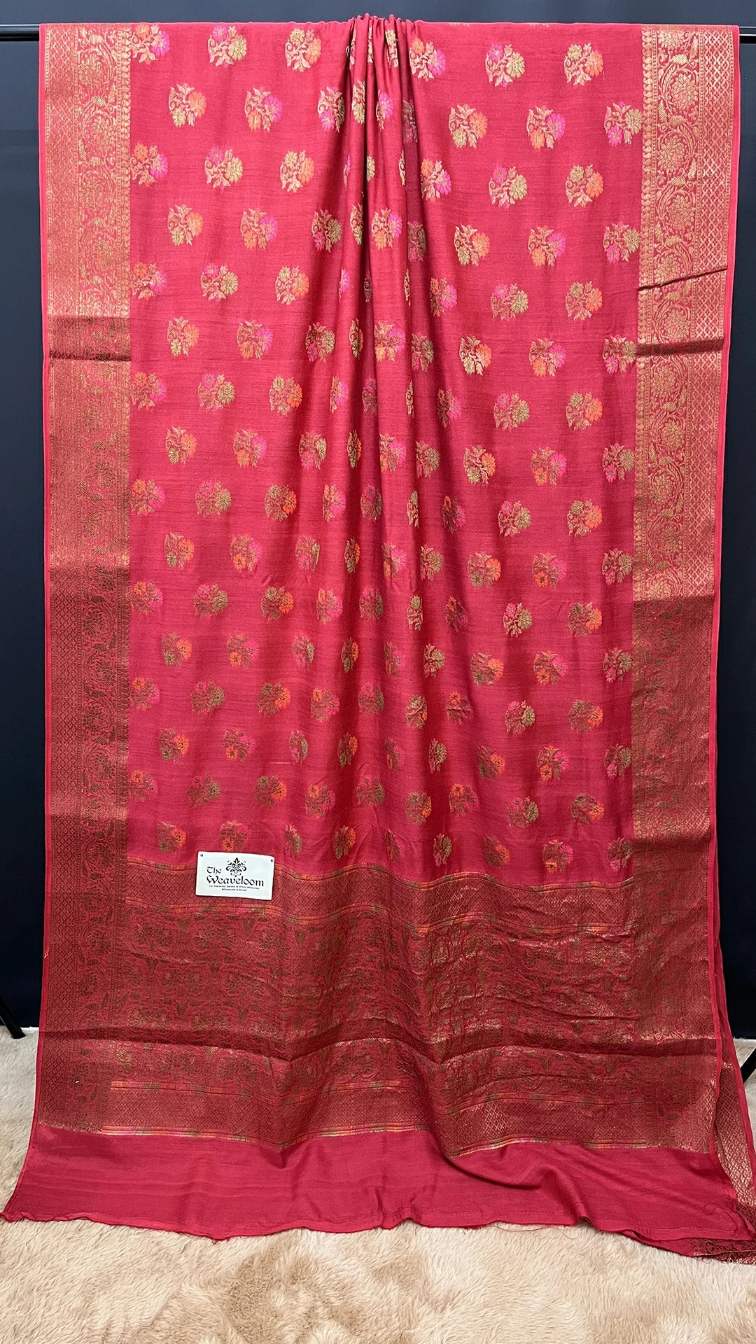 The Weaveloom Gajri Pink Munga Silk Pure Banarasi Saree with Floral Meenakari Buti and Antique Zari Border