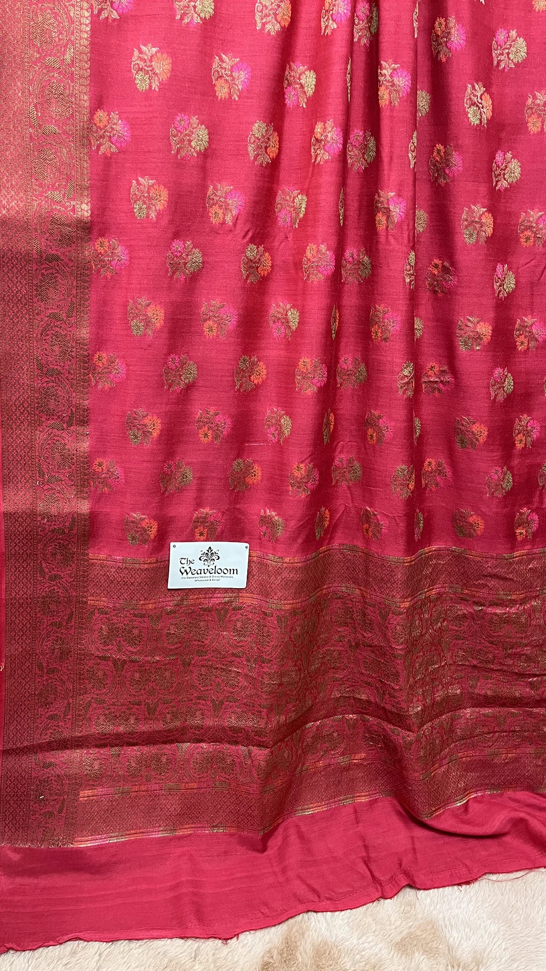 The Weaveloom Gajri Pink Munga Silk Pure Banarasi Saree with Floral Meenakari Buti and Antique Zari Border
