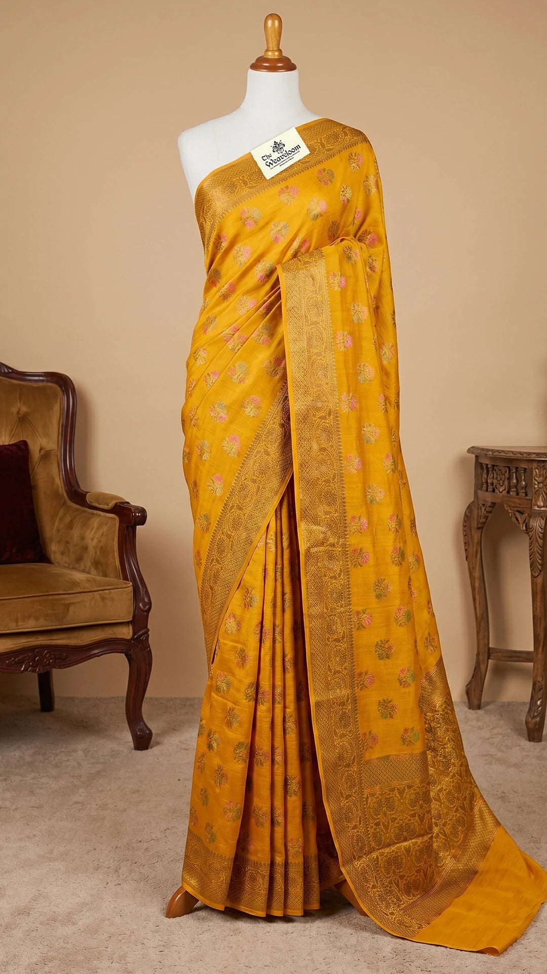 The Weaveloom Gold Floral Meenakari Munga Silk Pure Banarasi Saree with Antique Zari Border