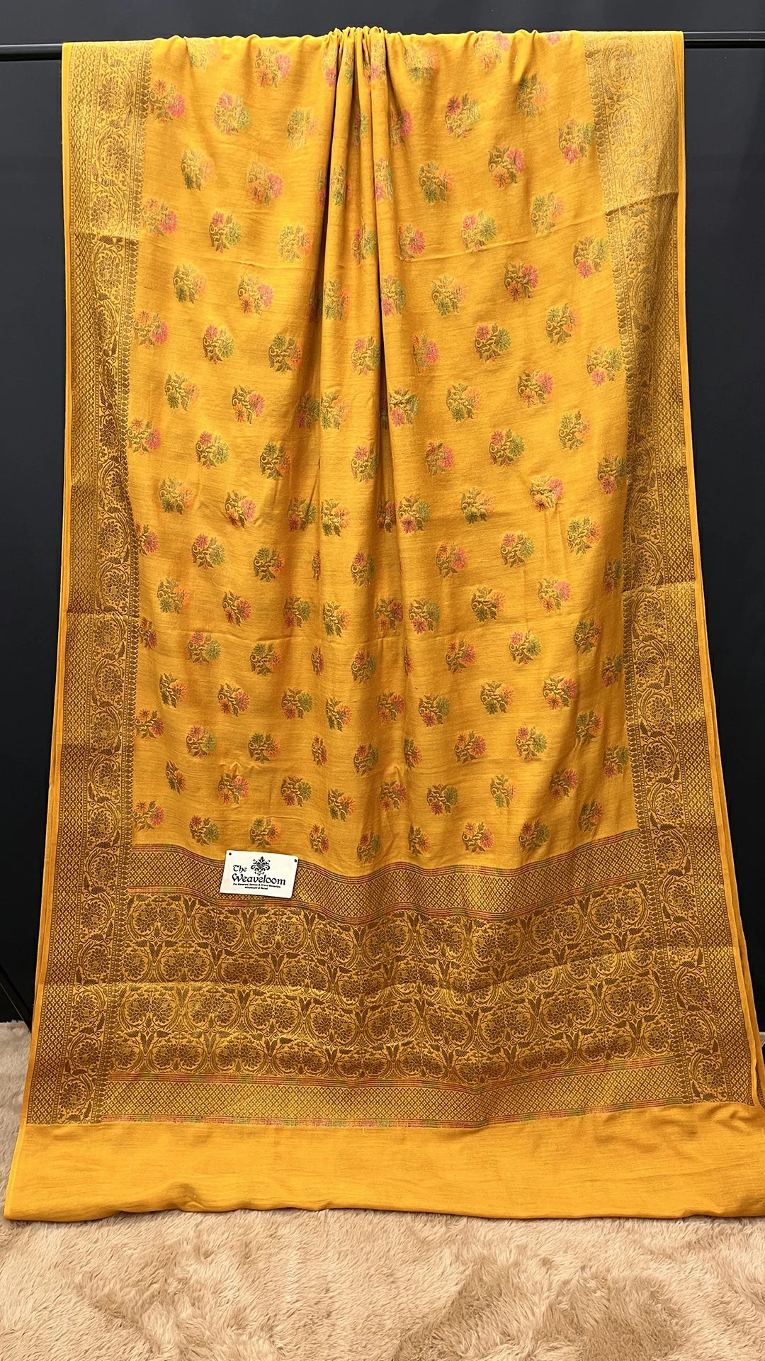 The Weaveloom Gold Floral Meenakari Munga Silk Pure Banarasi Saree with Antique Zari Border