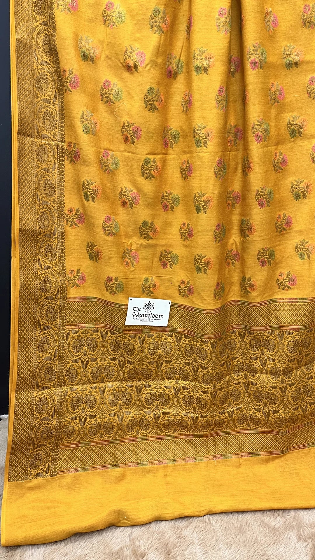 The Weaveloom Gold Floral Meenakari Munga Silk Pure Banarasi Saree with Antique Zari Border