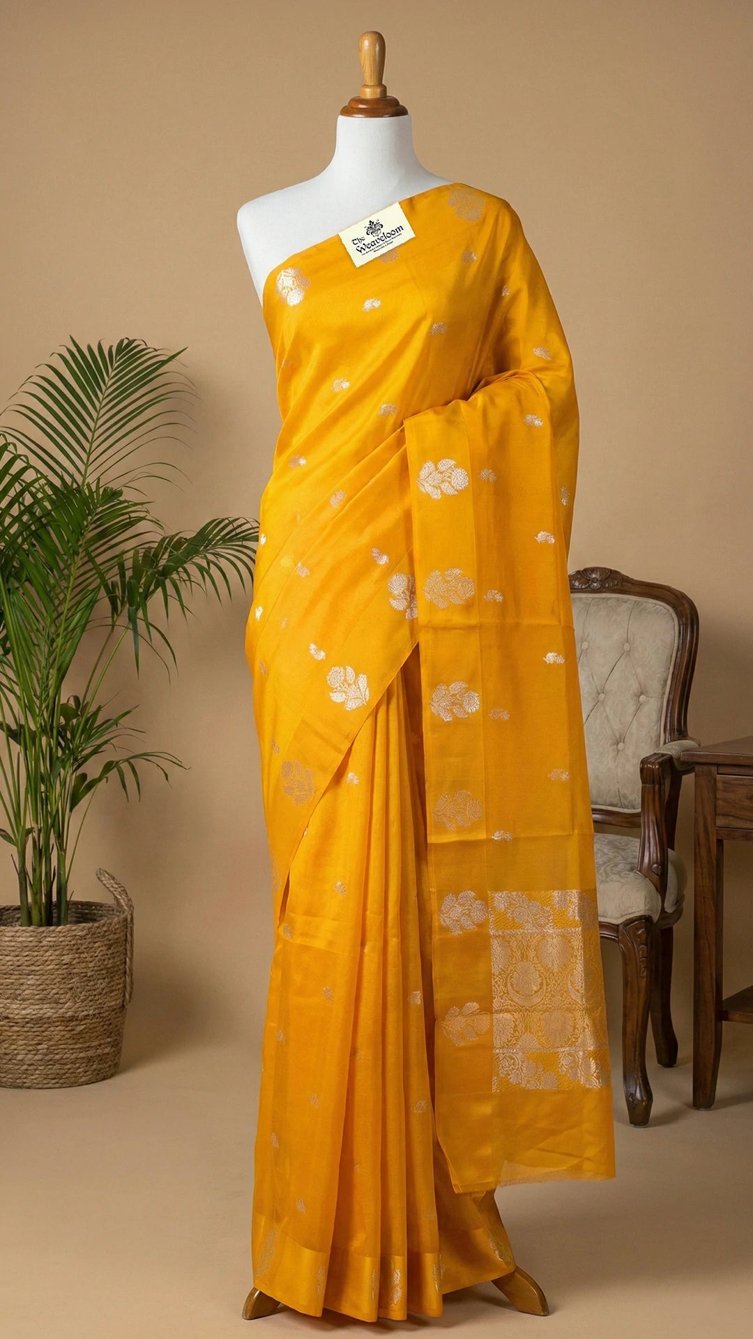The Weaveloom Gold Kora Silk Pure Handloom Banarasi Saree With Sona Rupa Floral Border
