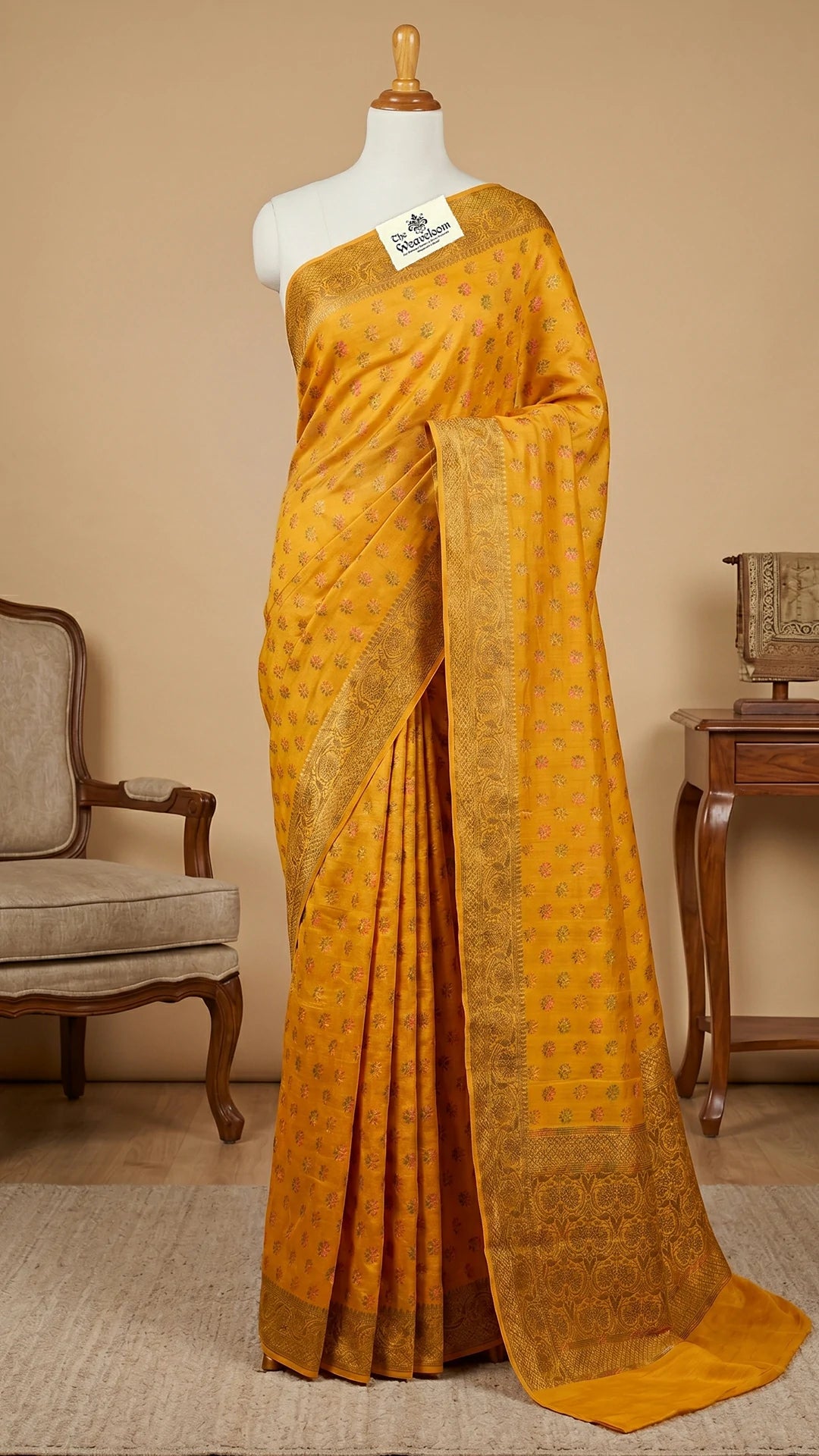 The Weaveloom Gold Munga Silk Pure Banarasi Saree with Antique Zari Meenakari Floral Buti Design