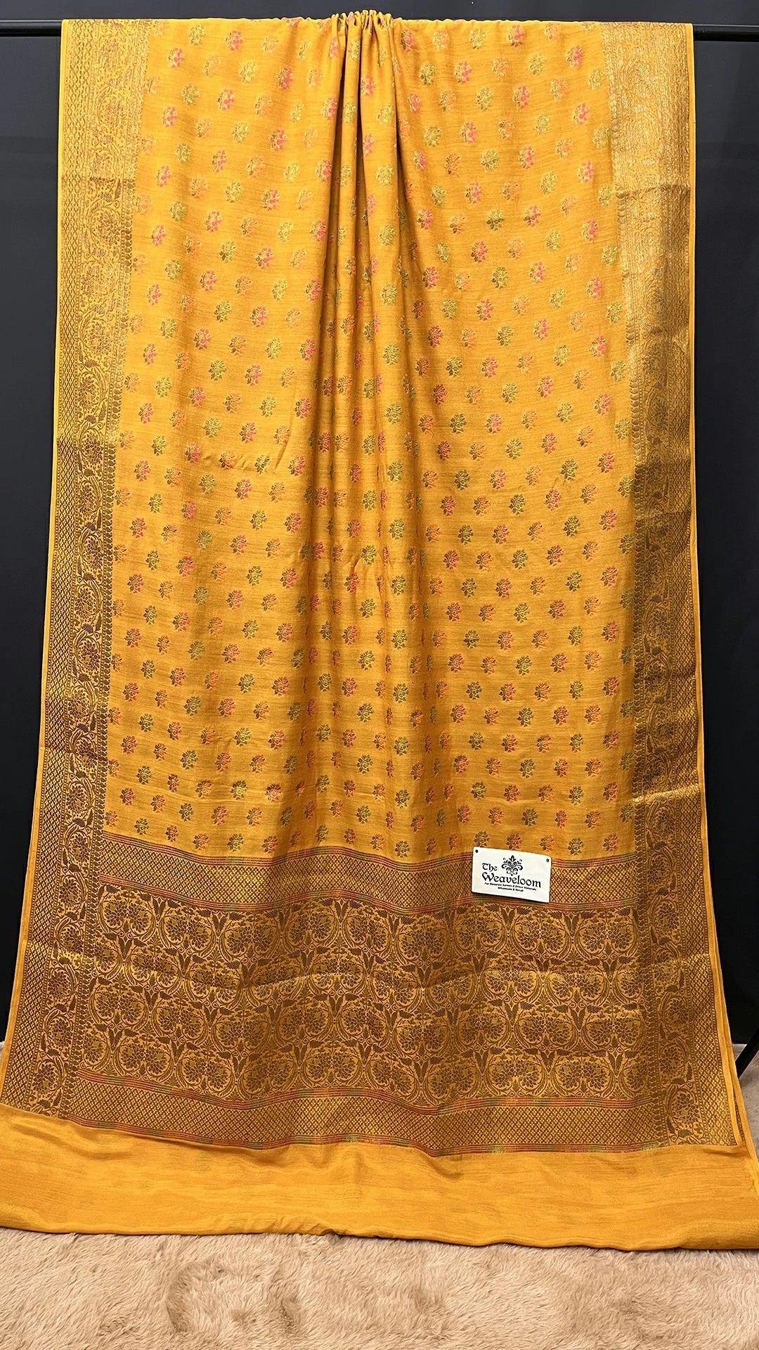The Weaveloom Gold Munga Silk Pure Banarasi Saree with Antique Zari Meenakari Floral Buti Design