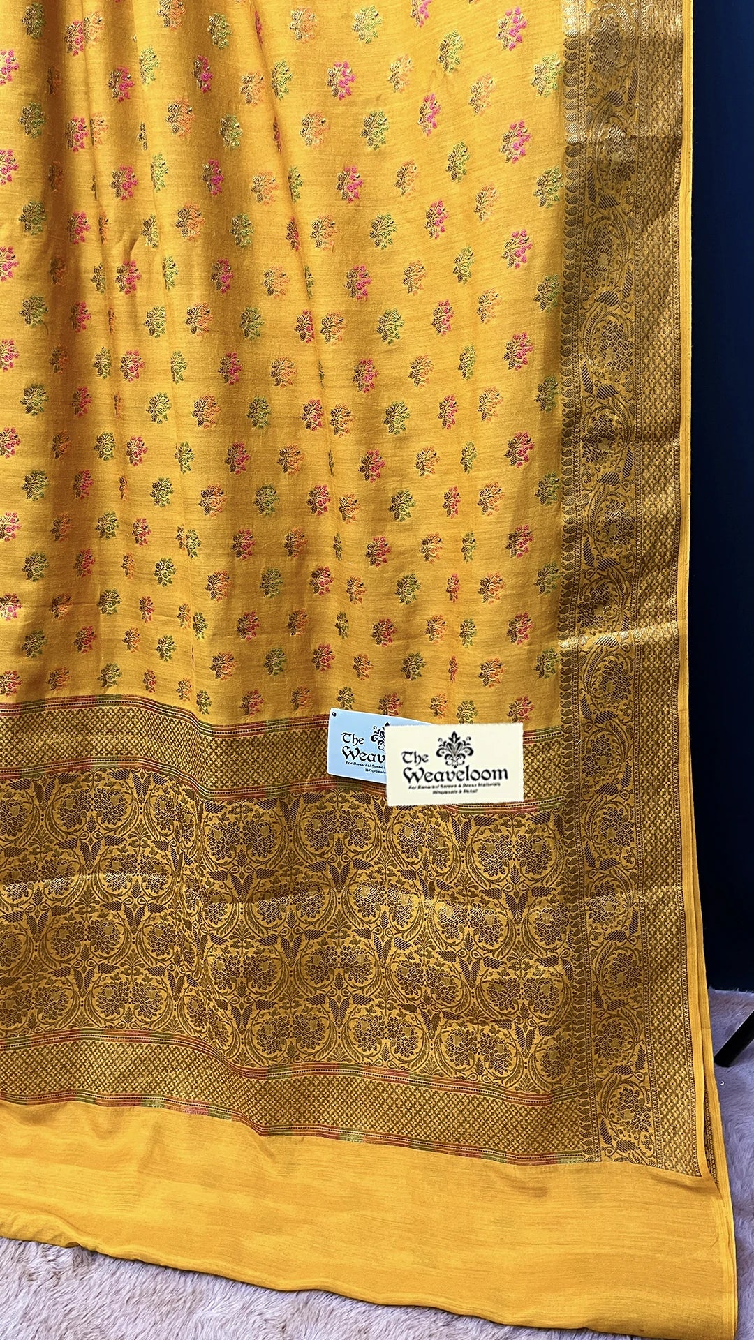 The Weaveloom Gold Munga Silk Pure Banarasi Saree with Antique Zari Meenakari Floral Buti Design