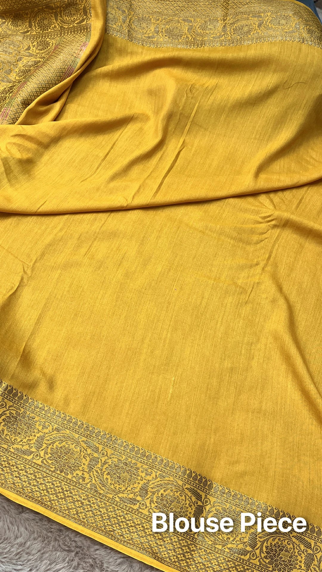 The Weaveloom Gold Munga Silk Pure Banarasi Saree with Antique Zari Meenakari Floral Buti Design