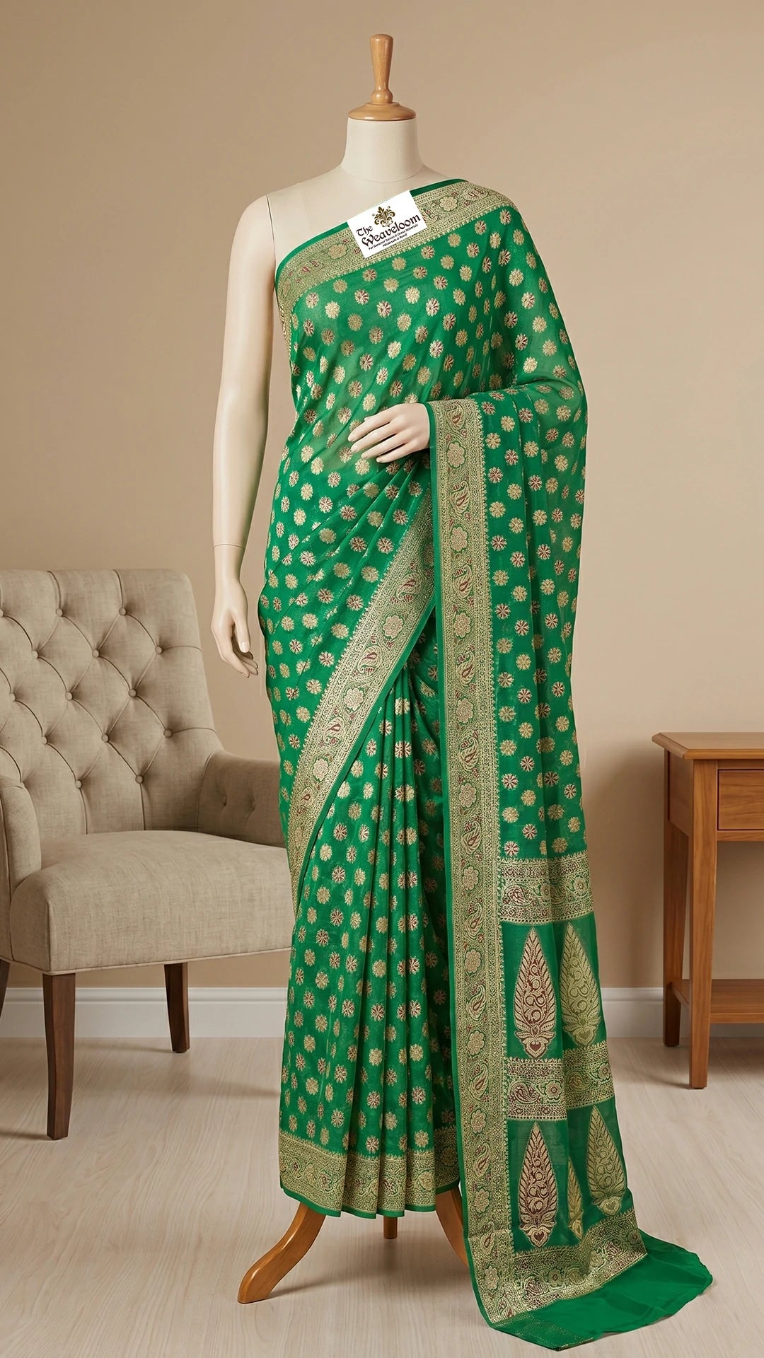 The Weaveloom Green Floral Buti Khaddi Chiffon Pure Banarasi Saree With Meenakari Border And Paisley Pallu