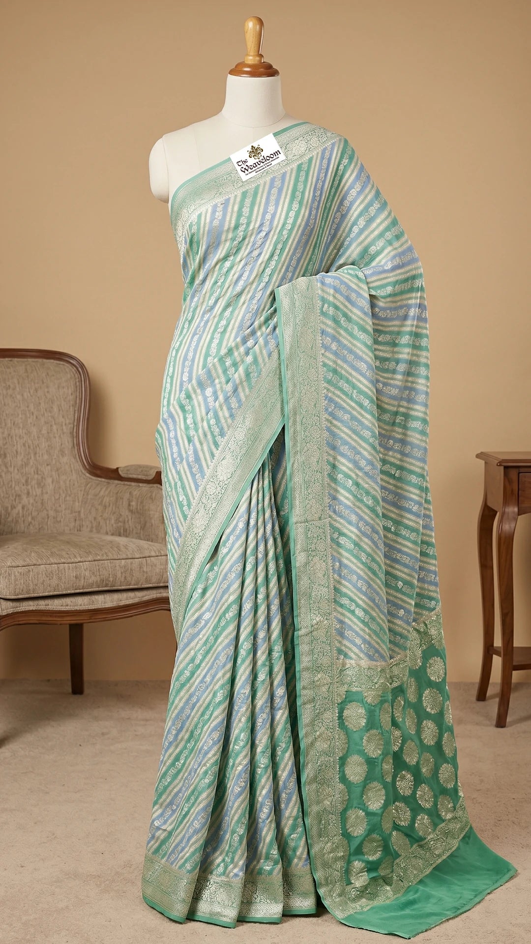 The Weaveloom Green Multicolor Rangkat Crepe Georgette Pure Banarasi Saree With Golden Zari
