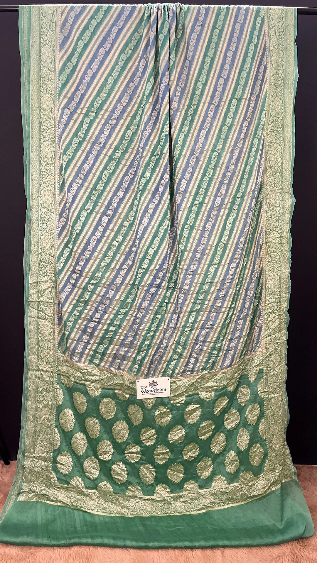 The Weaveloom Green Multicolor Rangkat Crepe Georgette Pure Banarasi Saree With Golden Zari
