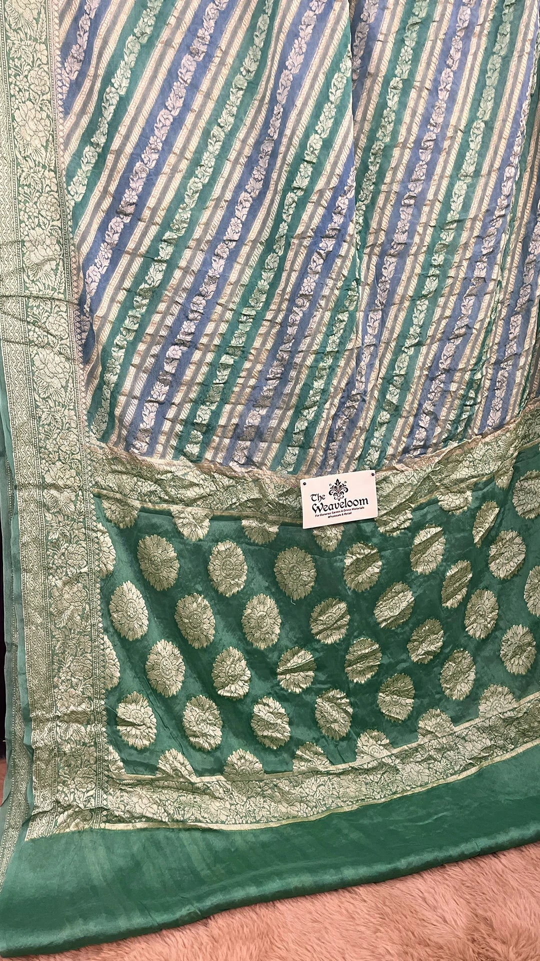 The Weaveloom Green Multicolor Rangkat Crepe Georgette Pure Banarasi Saree With Golden Zari