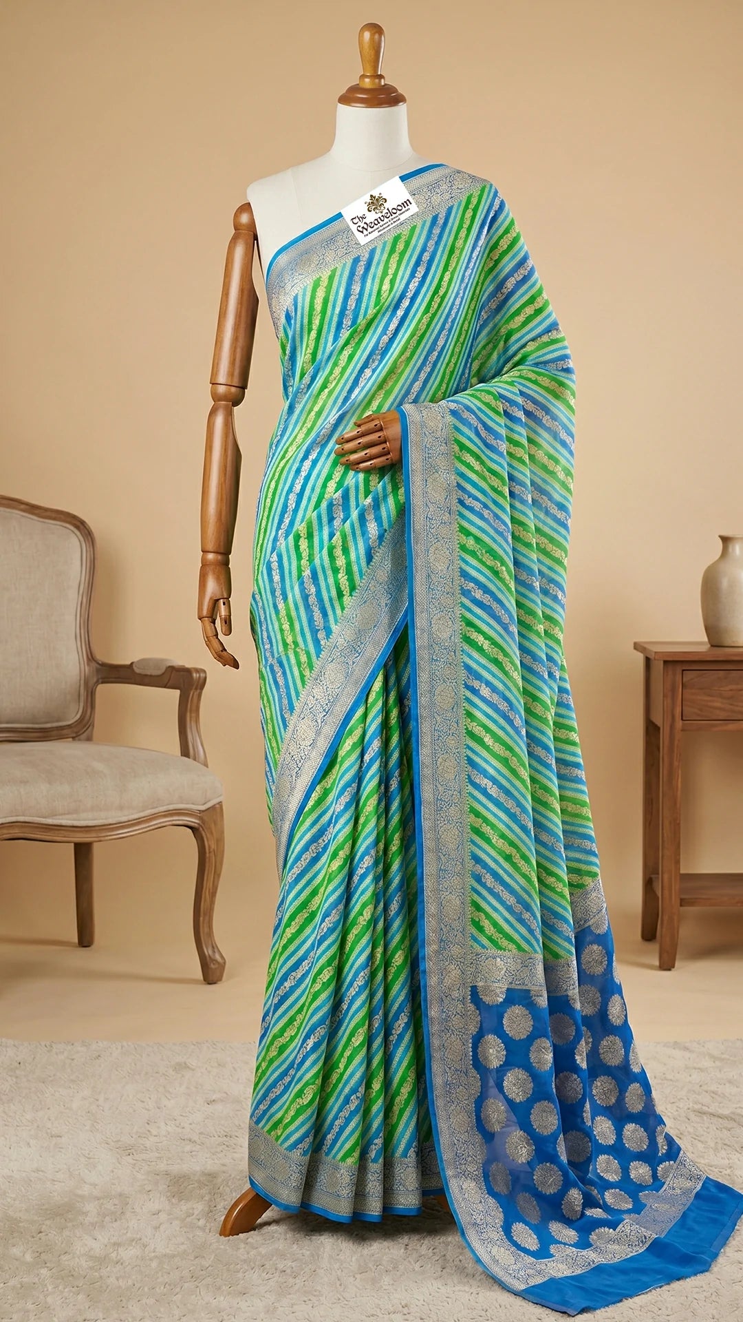 The Weaveloom Green Rangkat Multicolor Floral Zari Crepe Georgette Pure Banarasi Saree with Rich Blue Pallu