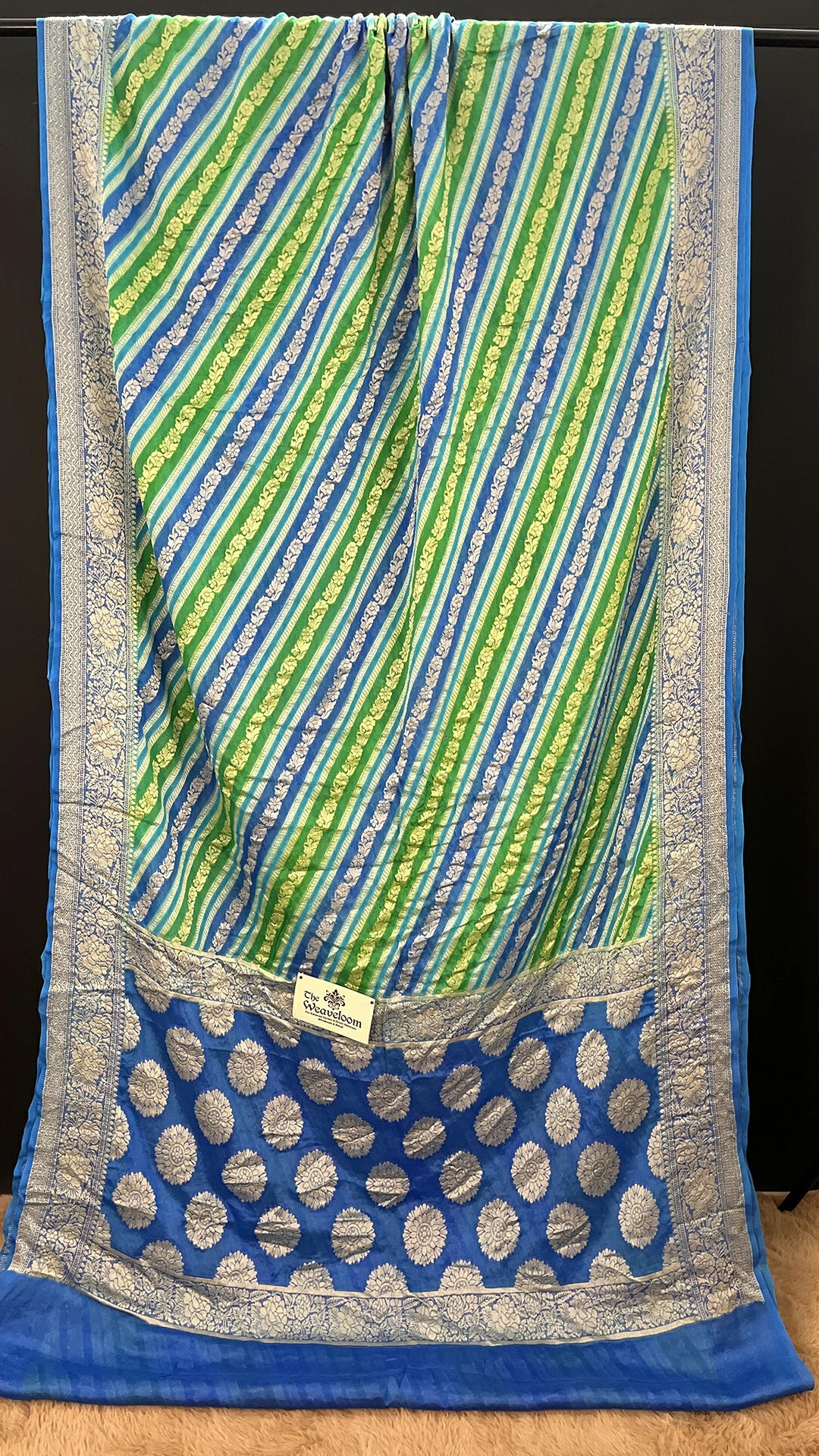 The Weaveloom Green Rangkat Multicolor Floral Zari Crepe Georgette Pure Banarasi Saree with Rich Blue Pallu