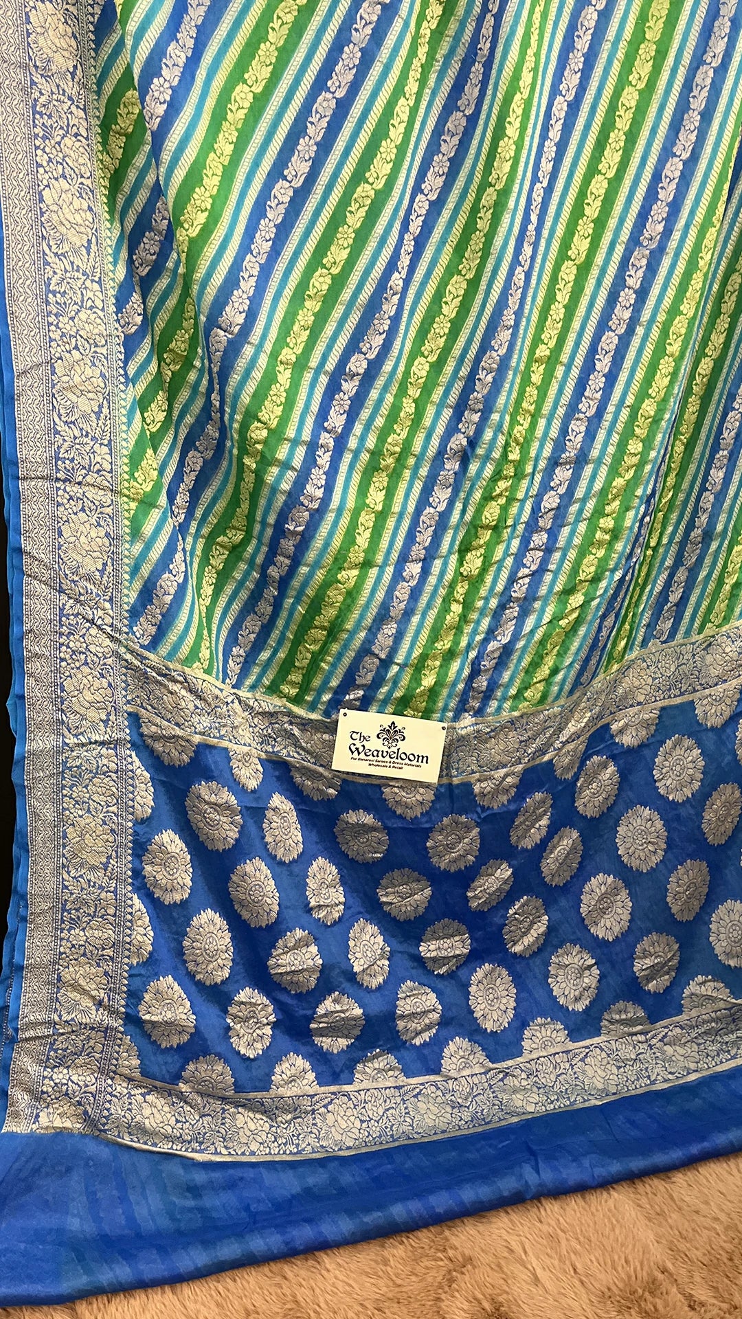 The Weaveloom Green Rangkat Multicolor Floral Zari Crepe Georgette Pure Banarasi Saree with Rich Blue Pallu