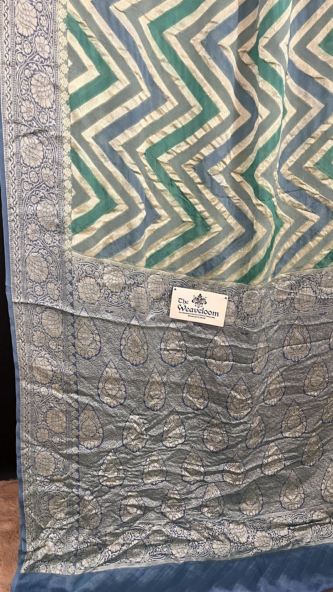 The Weaveloom Grey Blue Zigzag Rangkat Pattern Pure Crepe Georgette Golden Zari Banarasi Saree