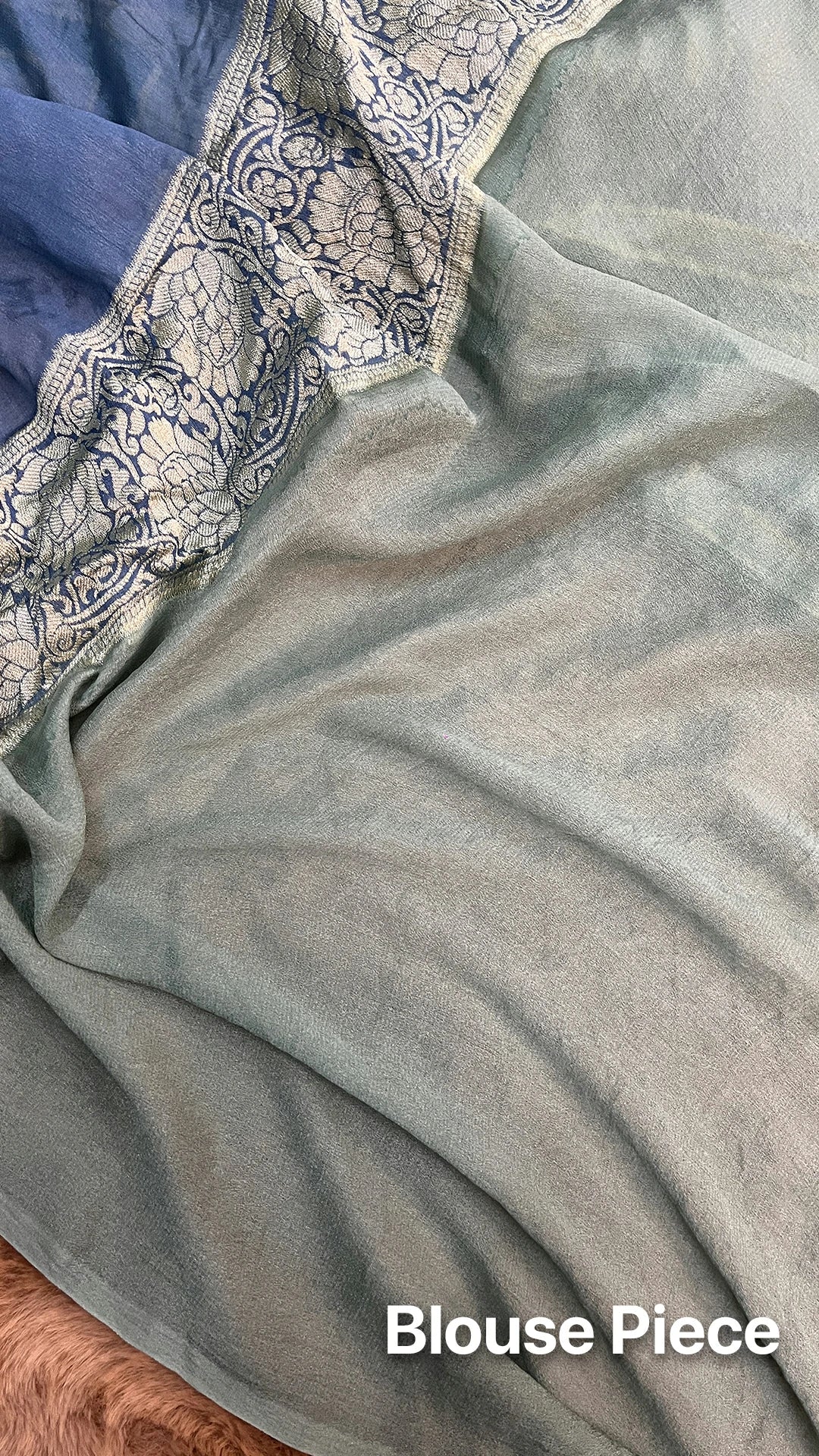 The Weaveloom Grey Blue Zigzag Rangkat Pattern Pure Crepe Georgette Golden Zari Banarasi Saree