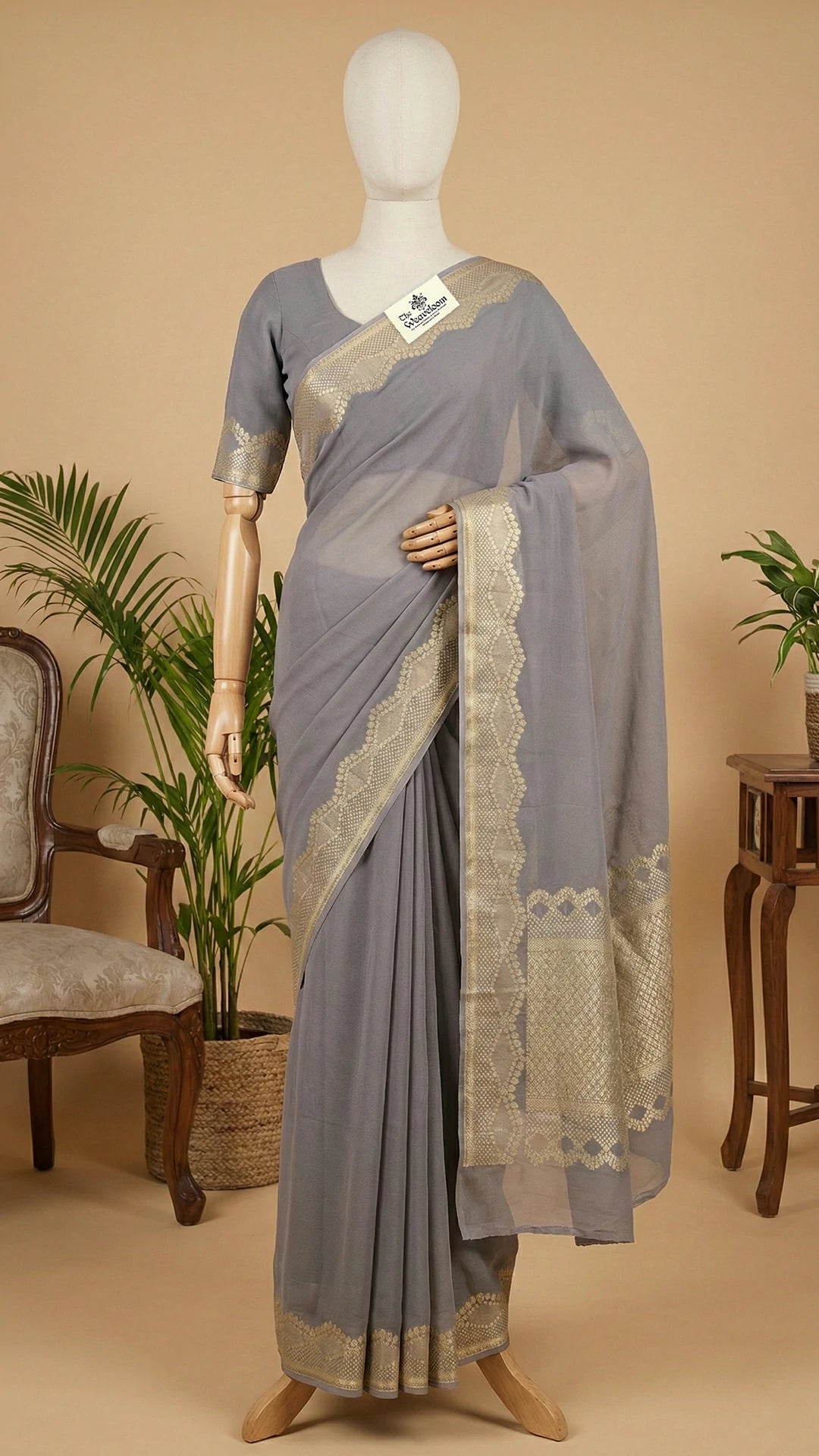 The Weaveloom Grey Khaddi Georgette Pure Banarasi Saree with Water Zari Border and Rich Pallu