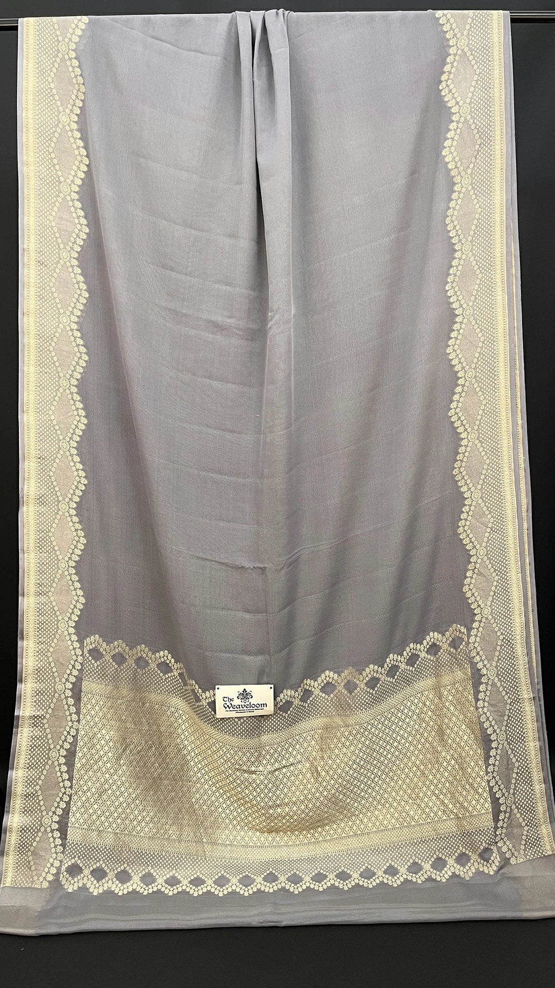 The Weaveloom Grey Khaddi Georgette Pure Banarasi Saree with Water Zari Border and Rich Pallu