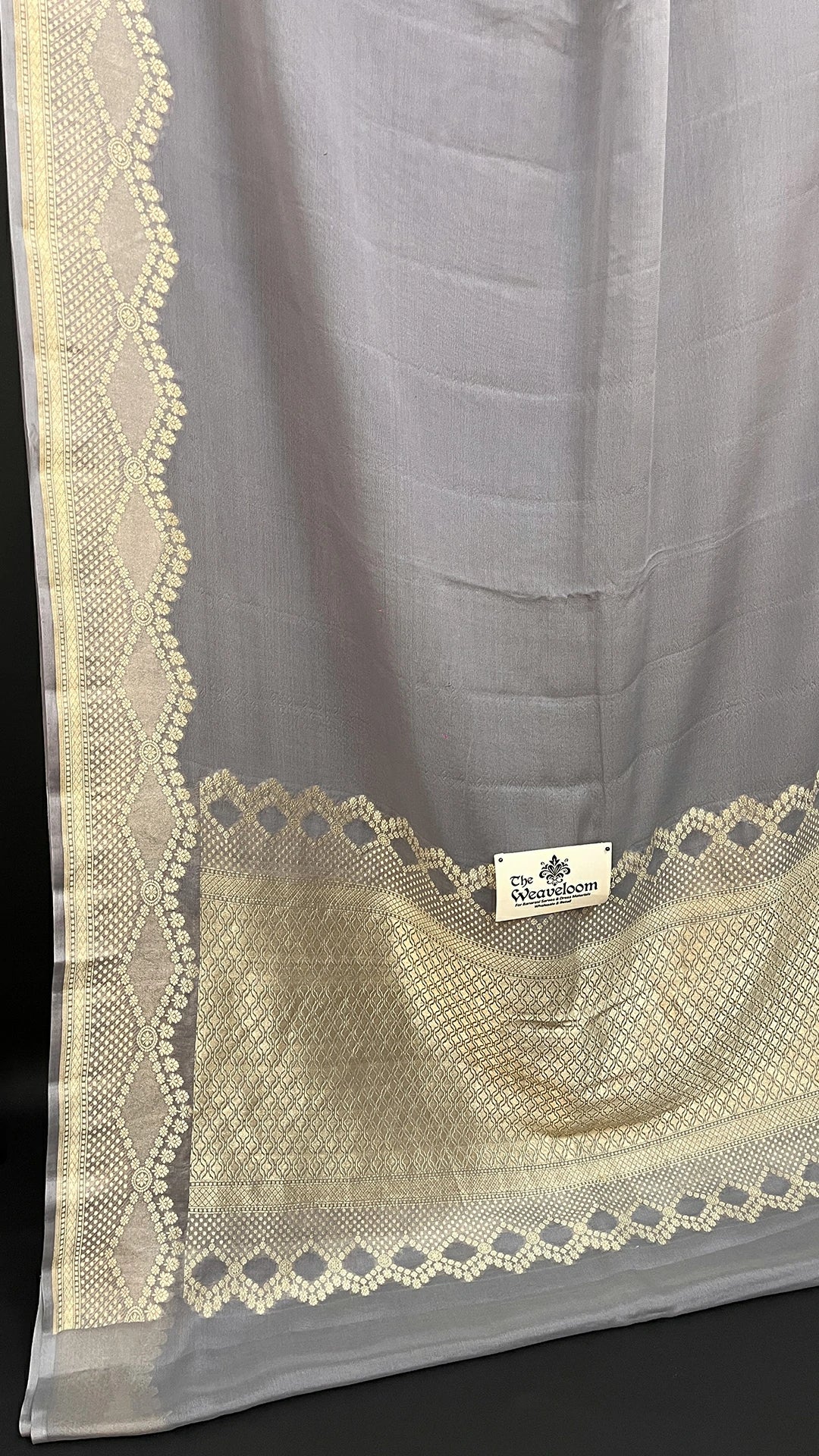 The Weaveloom Grey Khaddi Georgette Pure Banarasi Saree with Water Zari Border and Rich Pallu