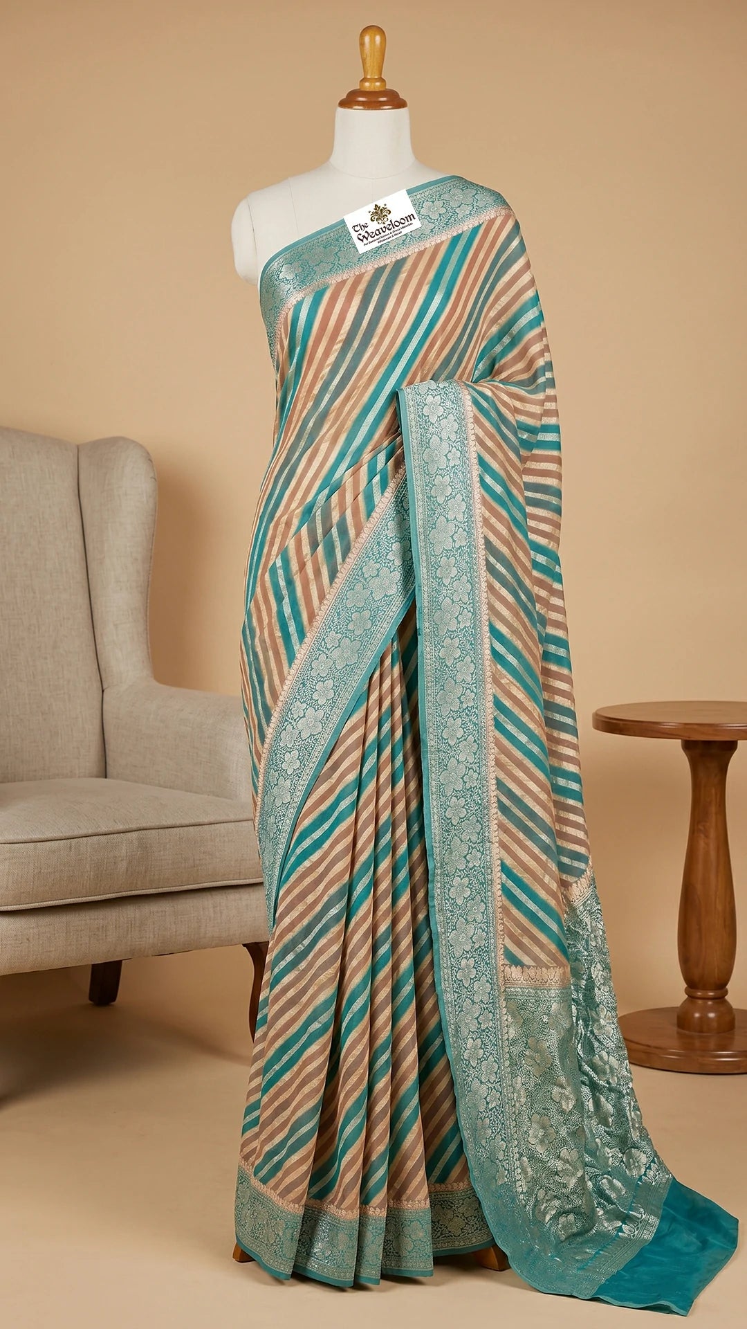 The Weaveloom Grey Multicolor Rangkat Pattern Crepe Georgette Pure Banarasi Saree With Golden Zari Floral Border