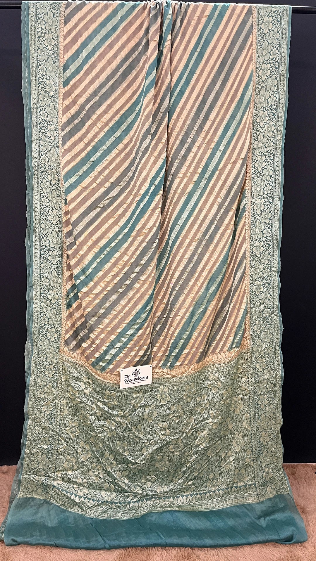 The Weaveloom Grey Multicolor Rangkat Pattern Crepe Georgette Pure Banarasi Saree With Golden Zari Floral Border