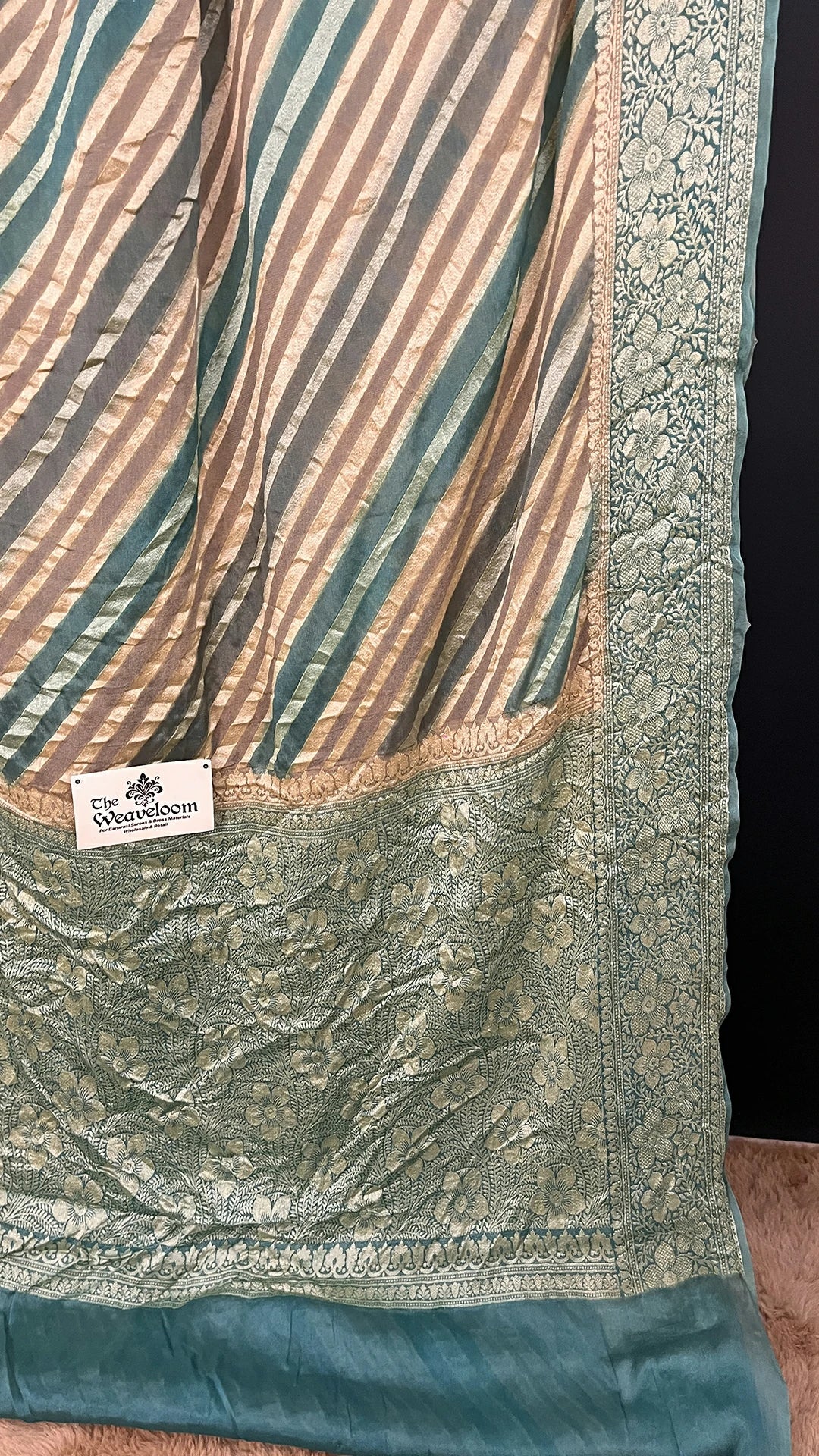 The Weaveloom Grey Multicolor Rangkat Pattern Crepe Georgette Pure Banarasi Saree With Golden Zari Floral Border