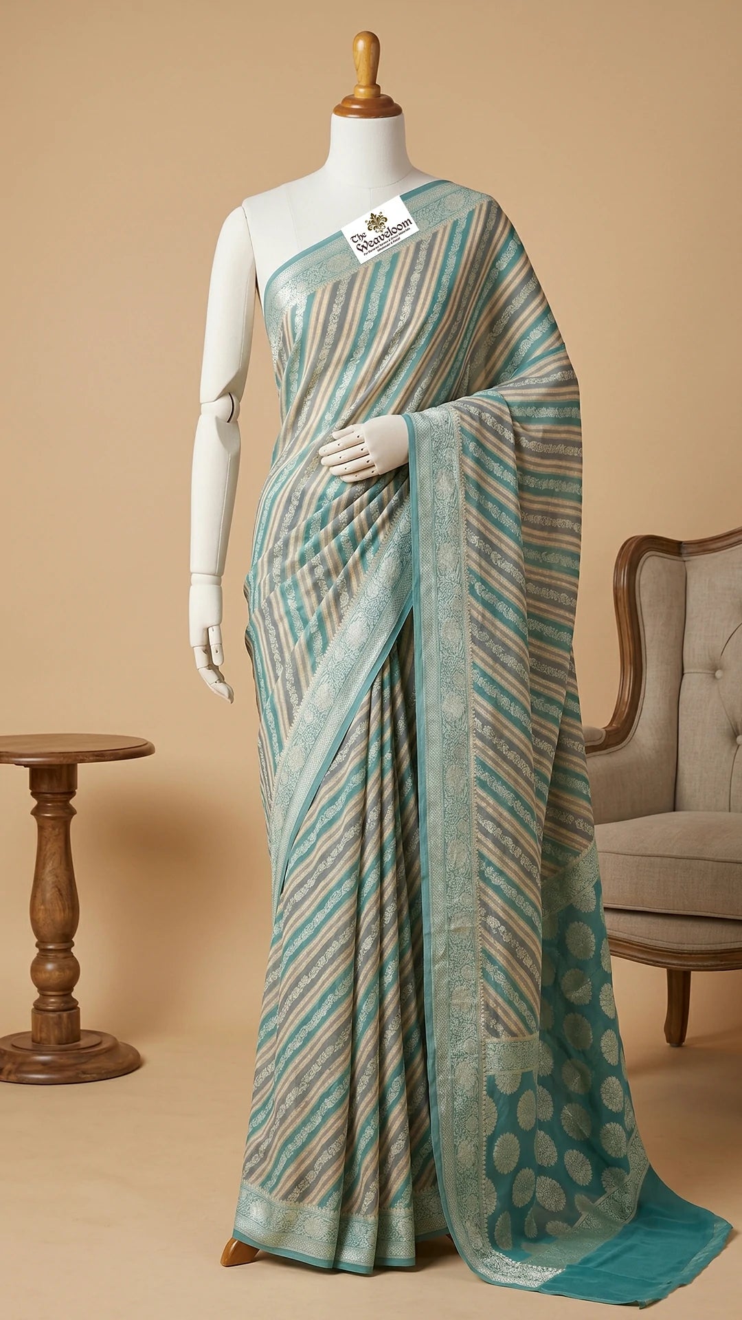 The Weaveloom Grey Rangkat Multicolor Pure Crepe Georgette Banarasi Saree with Golden Zari Border and Floral Pallu