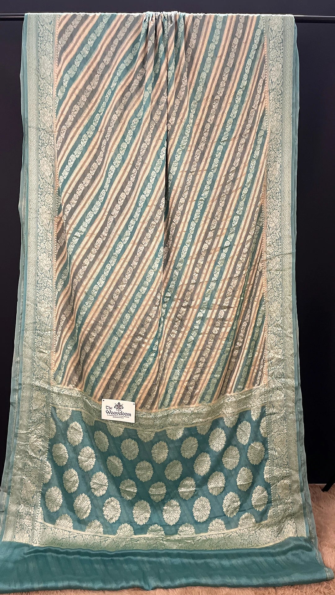 The Weaveloom Grey Rangkat Multicolor Pure Crepe Georgette Banarasi Saree with Golden Zari Border and Floral Pallu