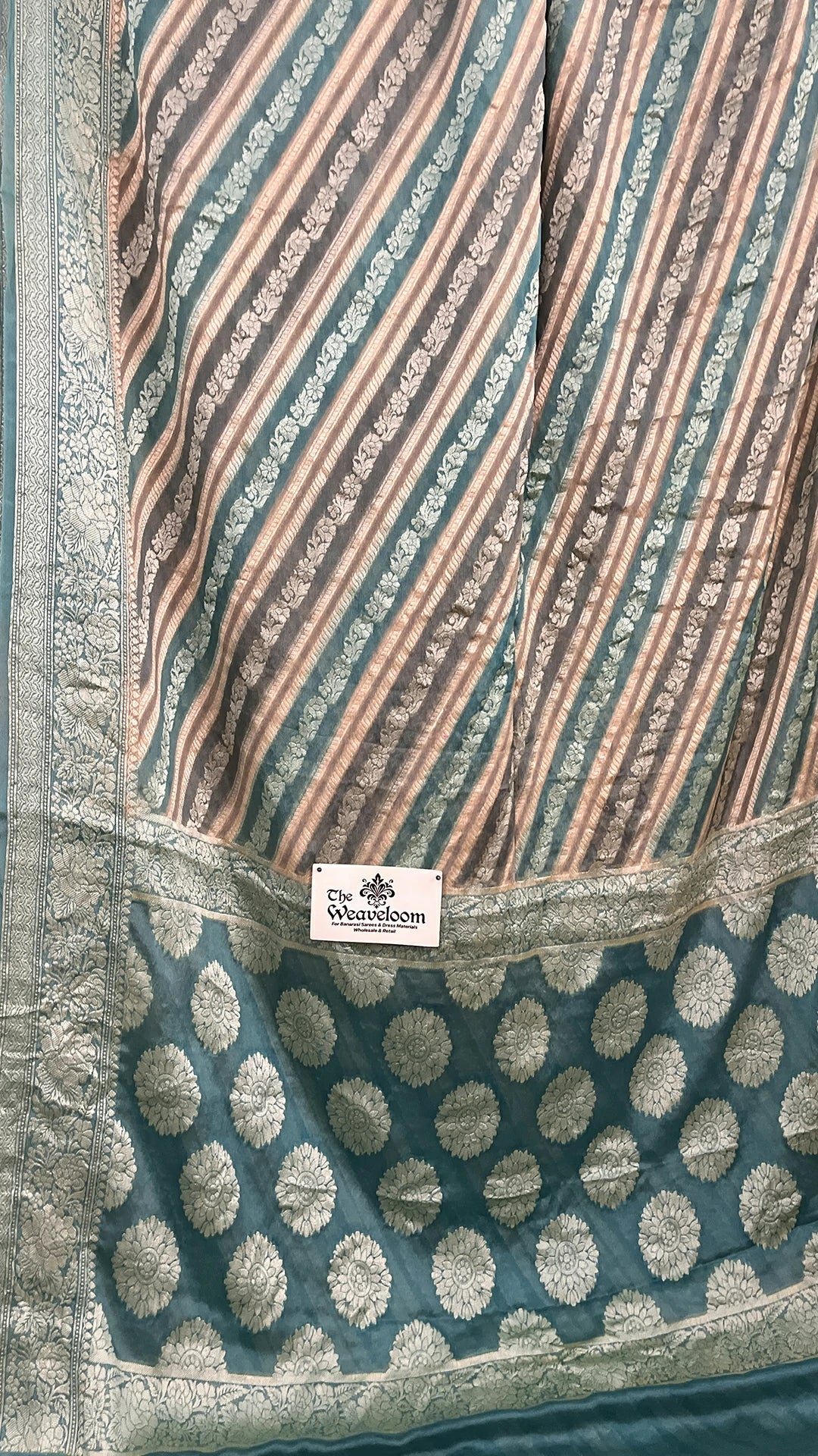 The Weaveloom Grey Rangkat Multicolor Pure Crepe Georgette Banarasi Saree with Golden Zari Border and Floral Pallu