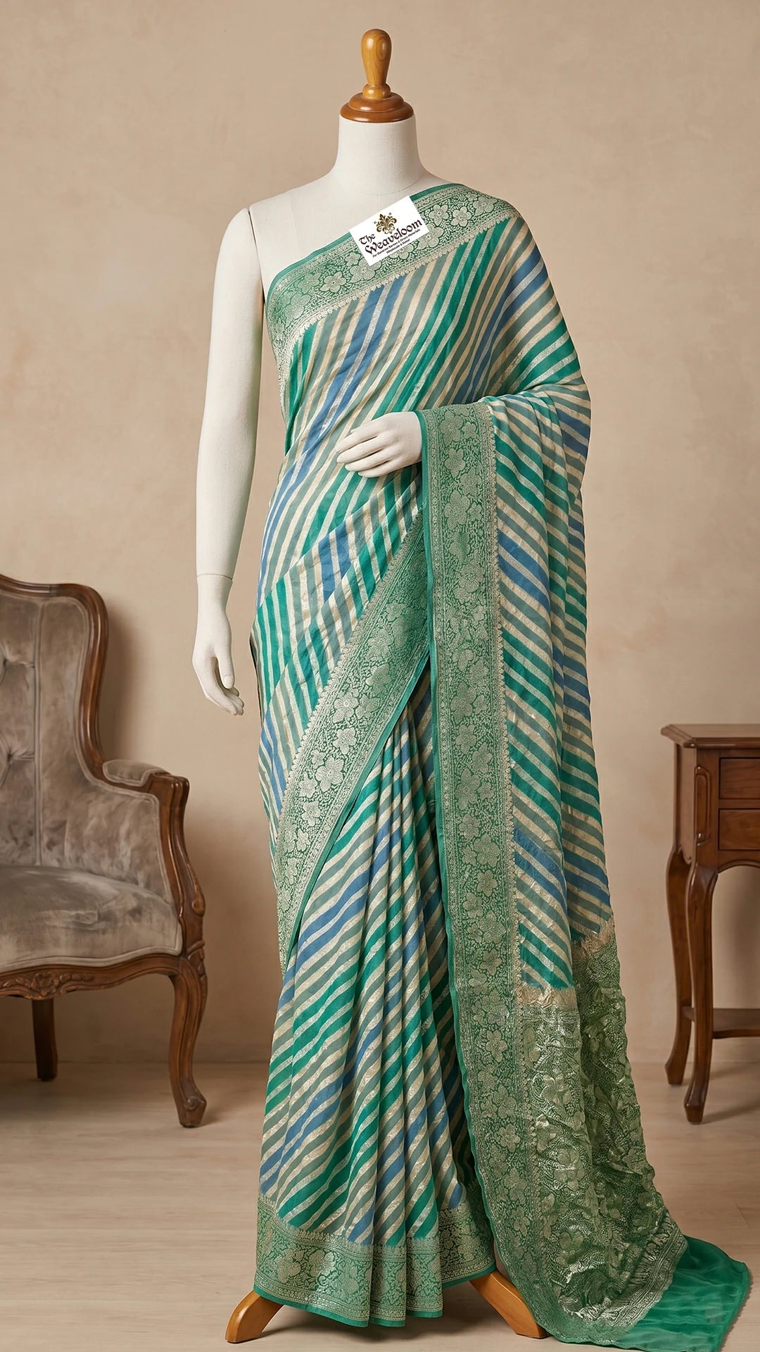 The Weaveloom Grey Rangkat Stripe Design Crepe Georgette Pure Banarasi Saree With Golden Zari Multicolor