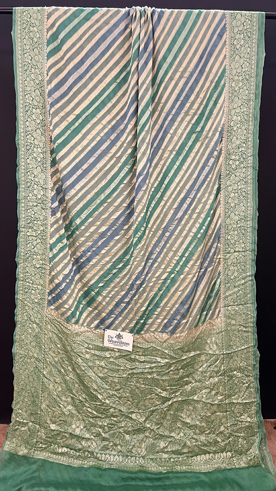 The Weaveloom Grey Rangkat Stripe Design Crepe Georgette Pure Banarasi Saree With Golden Zari Multicolor