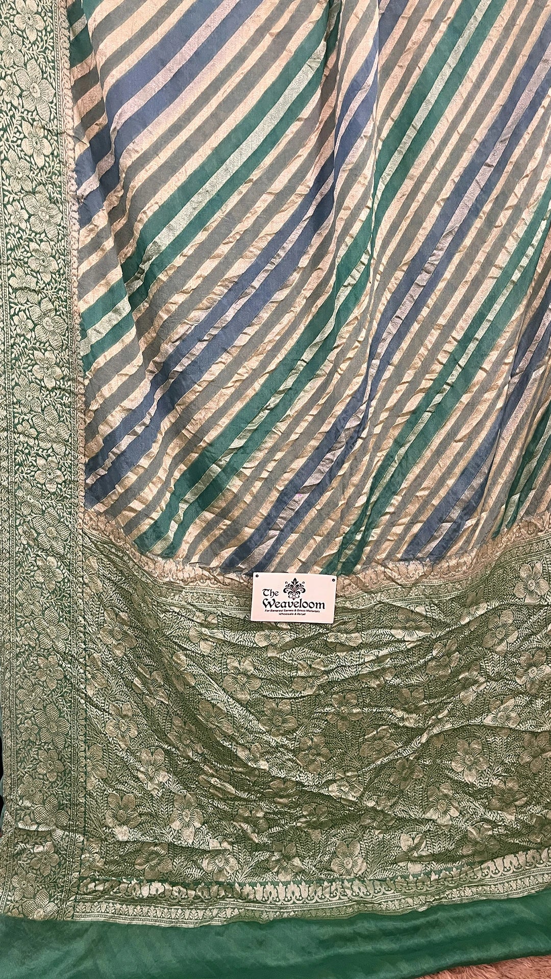 The Weaveloom Grey Rangkat Stripe Design Crepe Georgette Pure Banarasi Saree With Golden Zari Multicolor