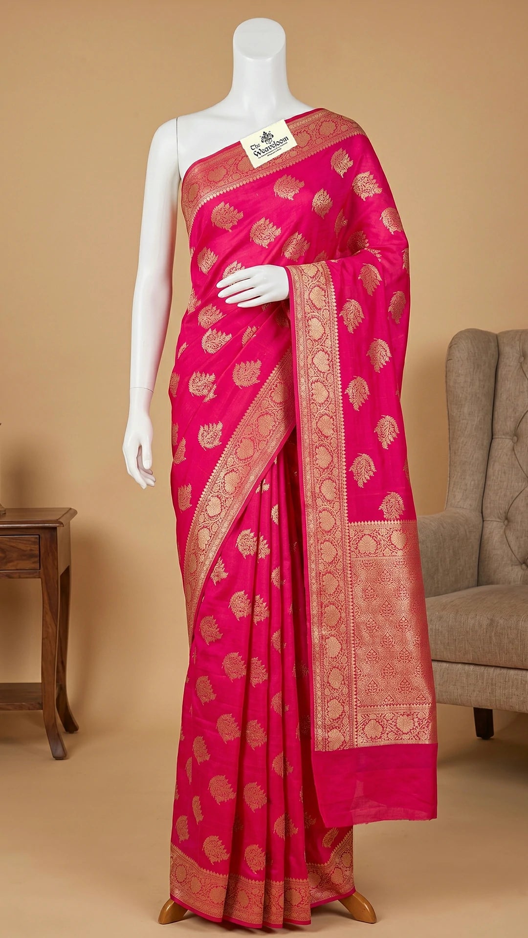 The Weaveloom Hot Pink Floral Buti Chiniya Silk Pure Banarasi Saree With Golden Zari Border