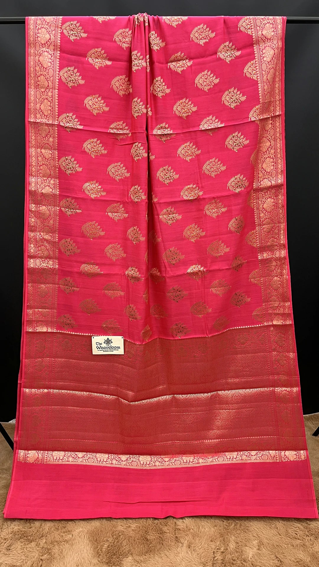 The Weaveloom Hot Pink Floral Buti Chiniya Silk Pure Banarasi Saree With Golden Zari Border