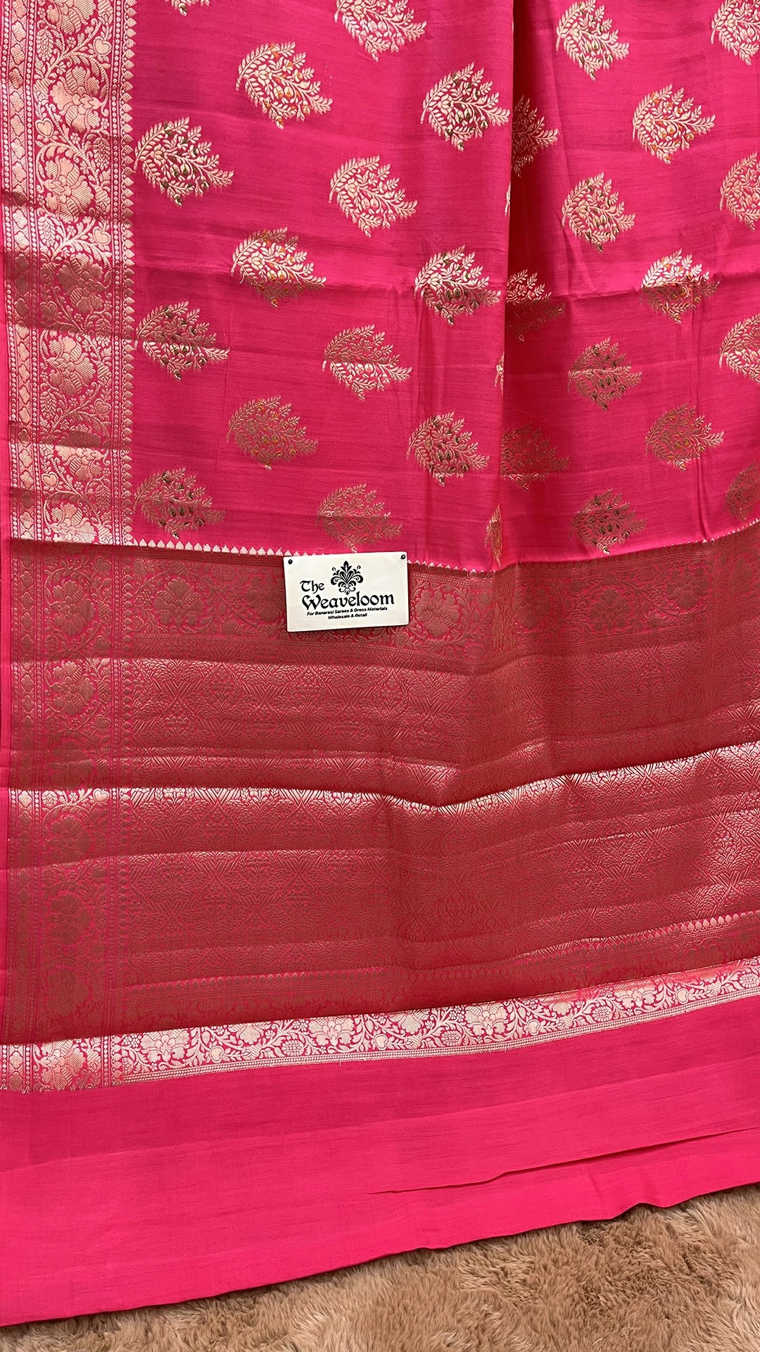 The Weaveloom Hot Pink Floral Buti Chiniya Silk Pure Banarasi Saree With Golden Zari Border
