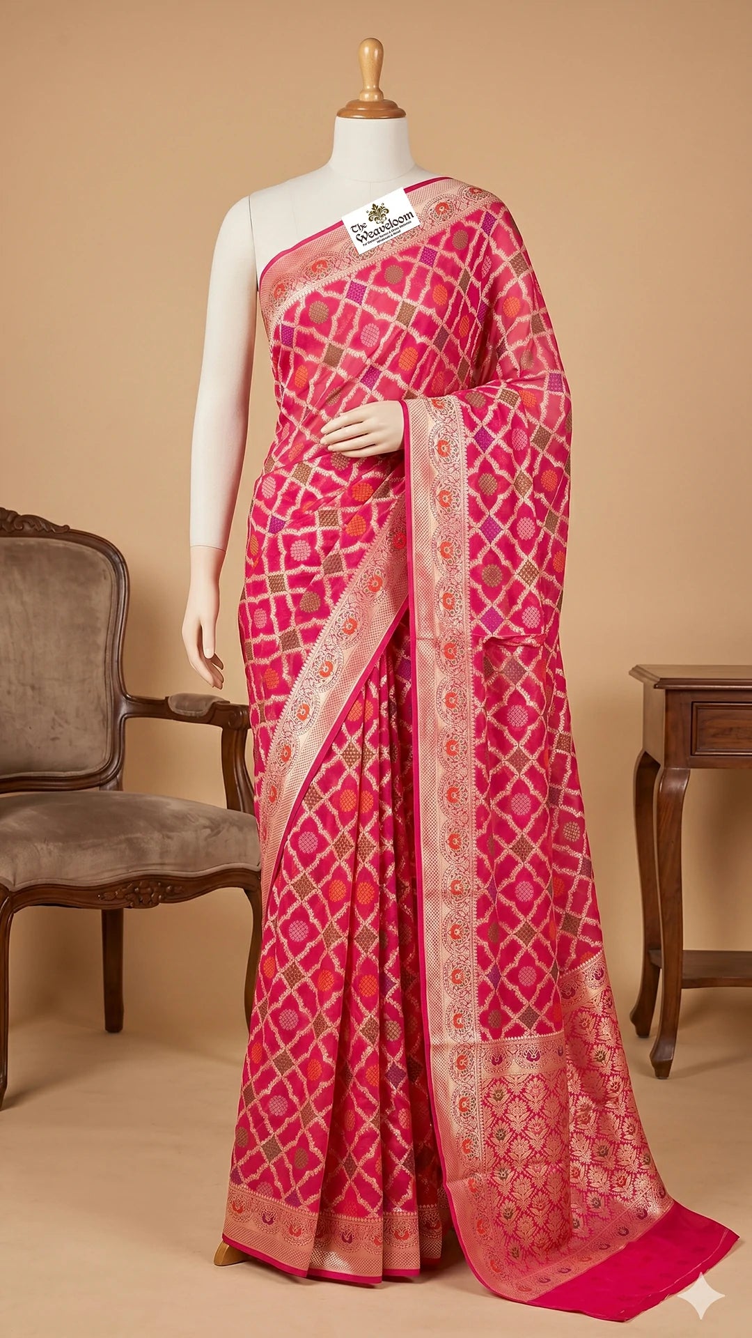 The Weaveloom Hot Pink Jaal Pattern Khaddi Chiffon Pure Banarasi Saree with Meenakari Border