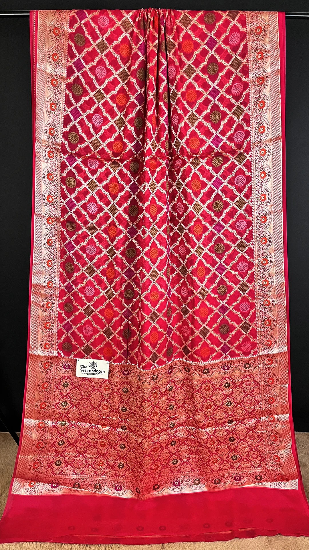 The Weaveloom Hot Pink Jaal Pattern Khaddi Chiffon Pure Banarasi Saree with Meenakari Border