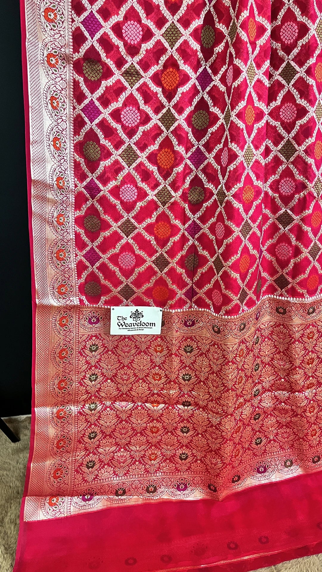 The Weaveloom Hot Pink Jaal Pattern Khaddi Chiffon Pure Banarasi Saree with Meenakari Border