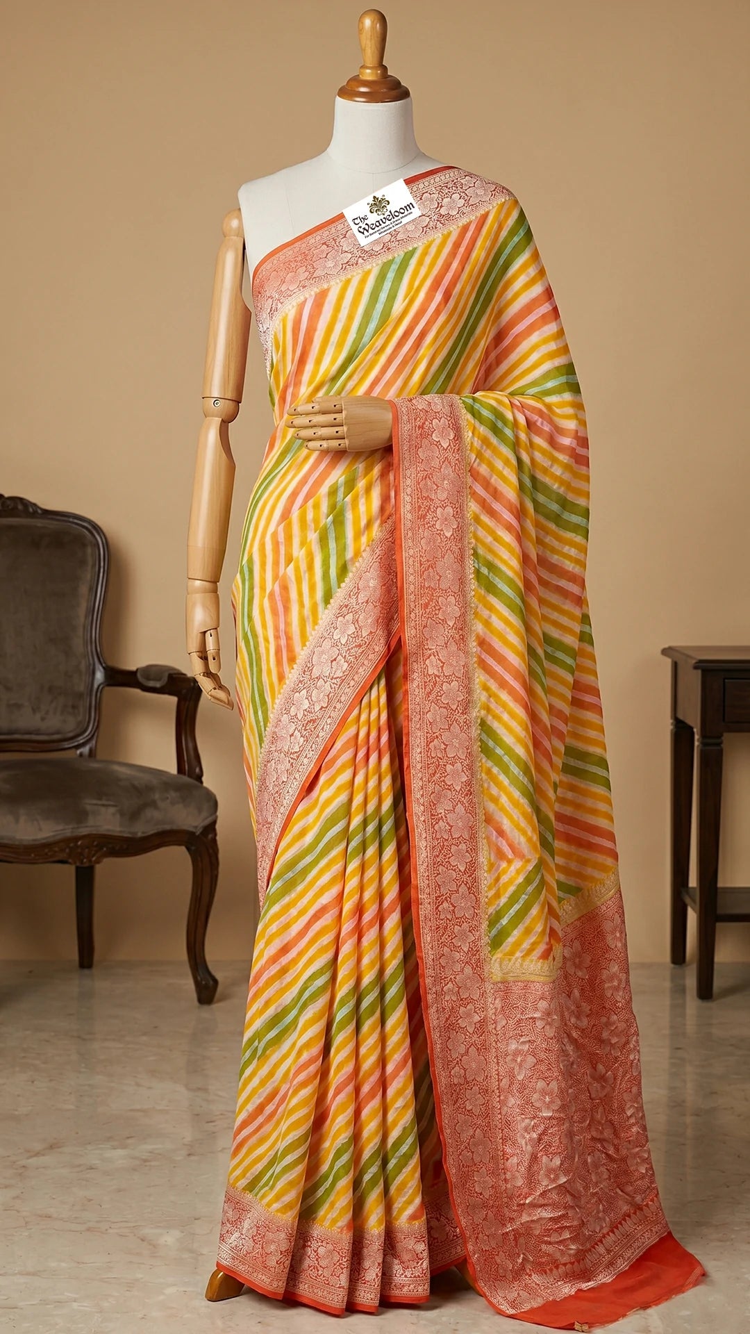 The Weaveloom Lemon Rangkat Multicolor Crepe Georgette Pure Banarasi Saree with Golden Zari Border