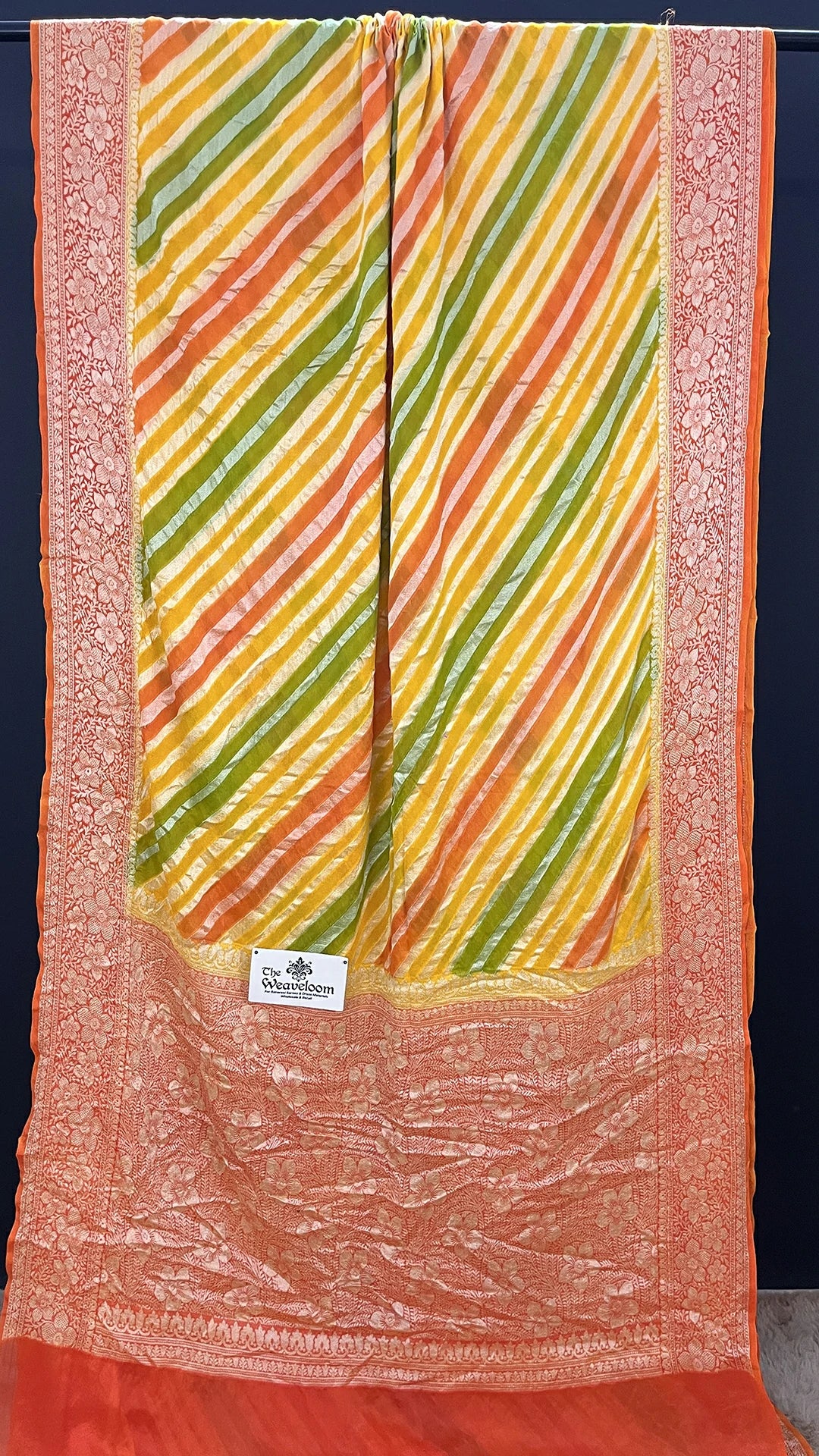 The Weaveloom Lemon Rangkat Multicolor Crepe Georgette Pure Banarasi Saree with Golden Zari Border