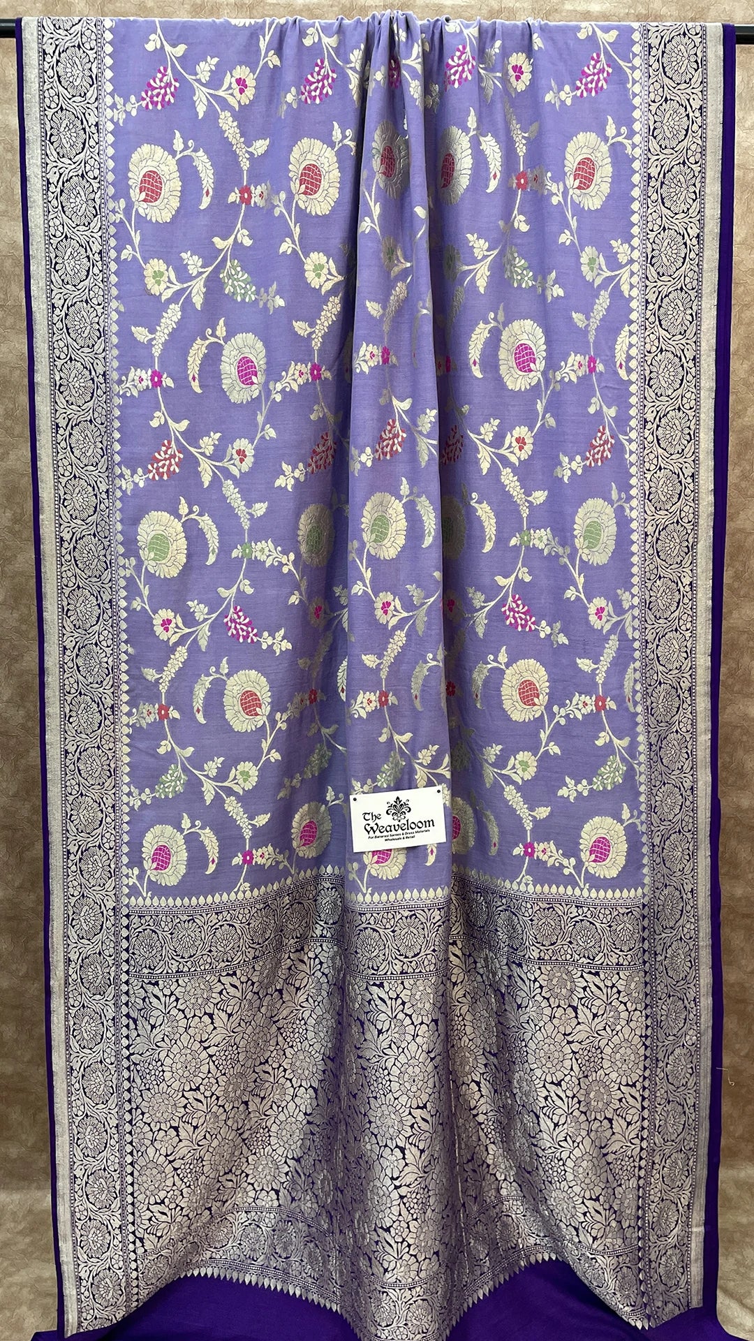The Weaveloom Light Purple Pure Munga Silk Banarasi Saree with Meenakari Floral Jaal and Silver Zari Border