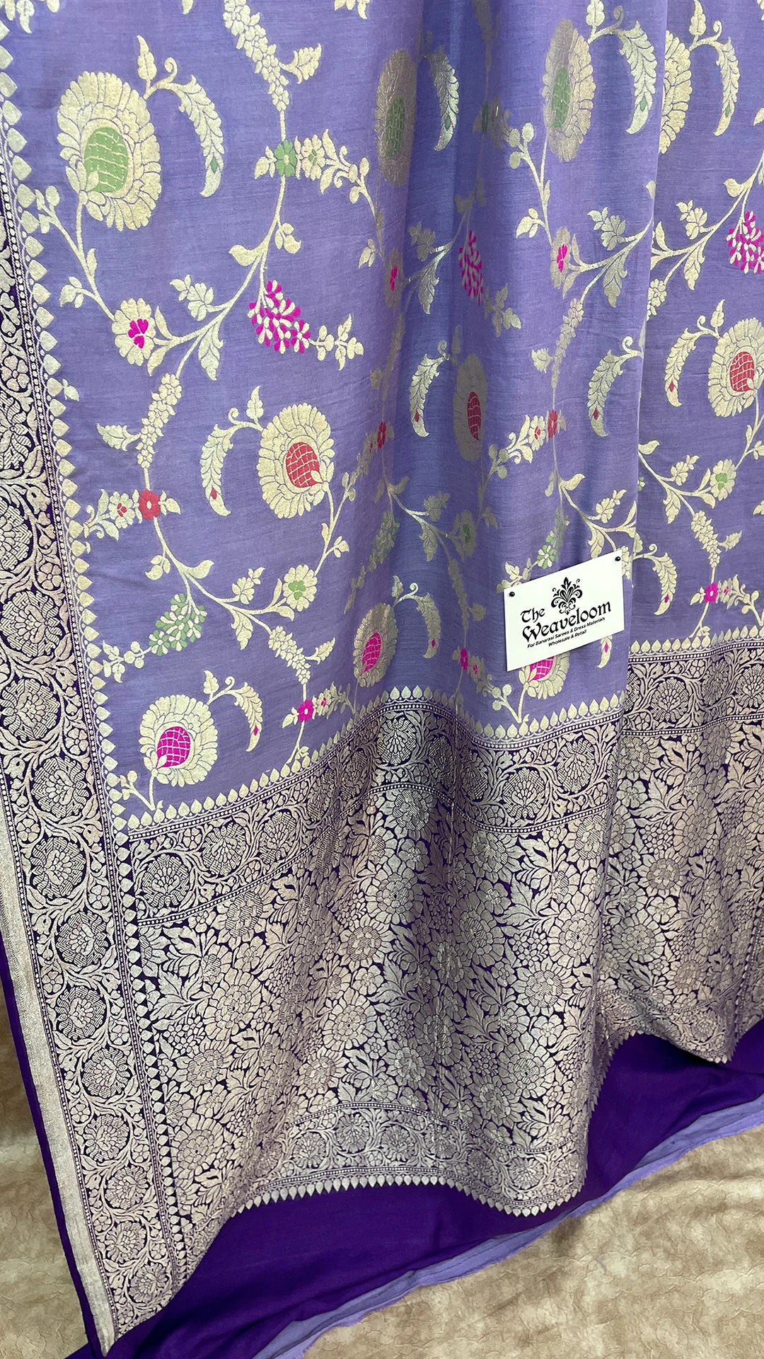 The Weaveloom Light Purple Pure Munga Silk Banarasi Saree with Meenakari Floral Jaal and Silver Zari Border