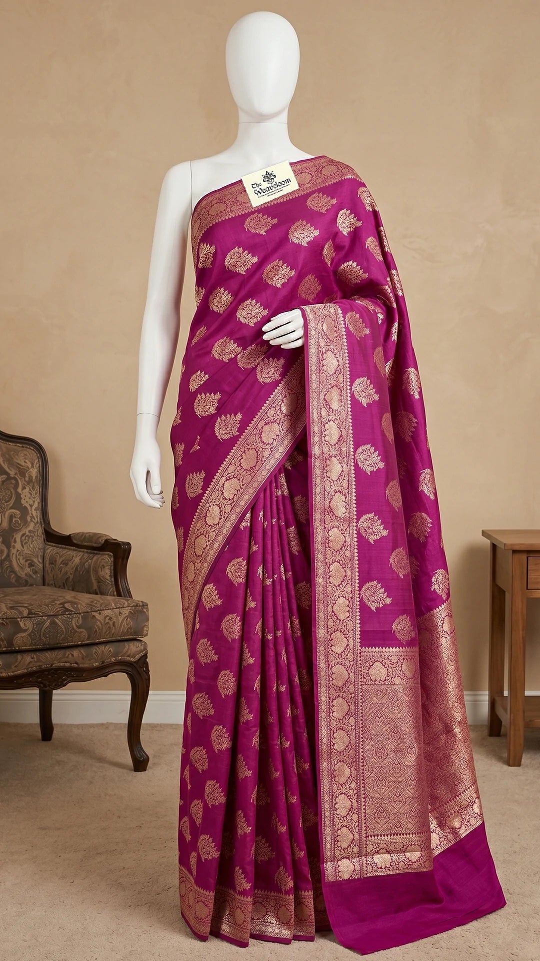 The Weaveloom Magenta Chiniya Silk Pure Banarasi Saree with Golden Meenakari Butis Rich Zari Border and Brocade Blouse