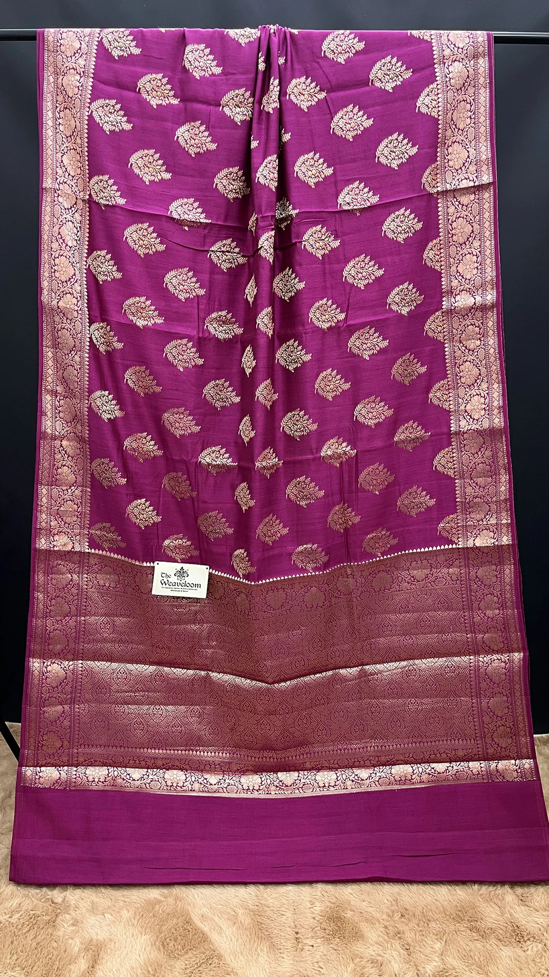 The Weaveloom Magenta Chiniya Silk Pure Banarasi Saree with Golden Meenakari Butis Rich Zari Border and Brocade Blouse
