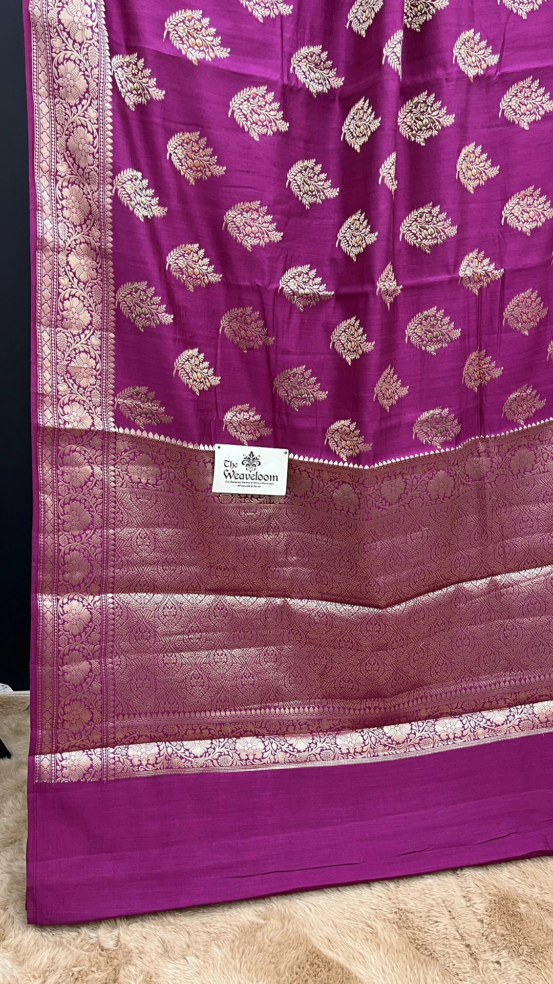 The Weaveloom Magenta Chiniya Silk Pure Banarasi Saree with Golden Meenakari Butis Rich Zari Border and Brocade Blouse