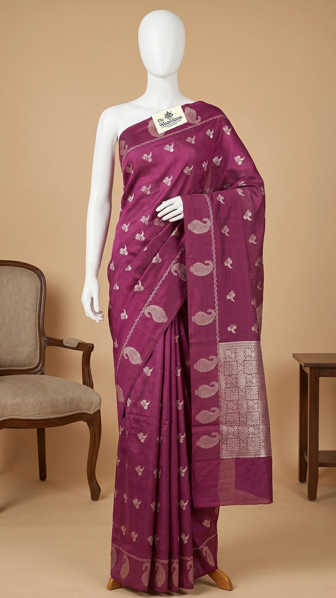 The Weaveloom Magenta Chiniya Silk Pure Banarasi Saree With Golden Zari Paisley Border Rich Pallu Wedding Saree