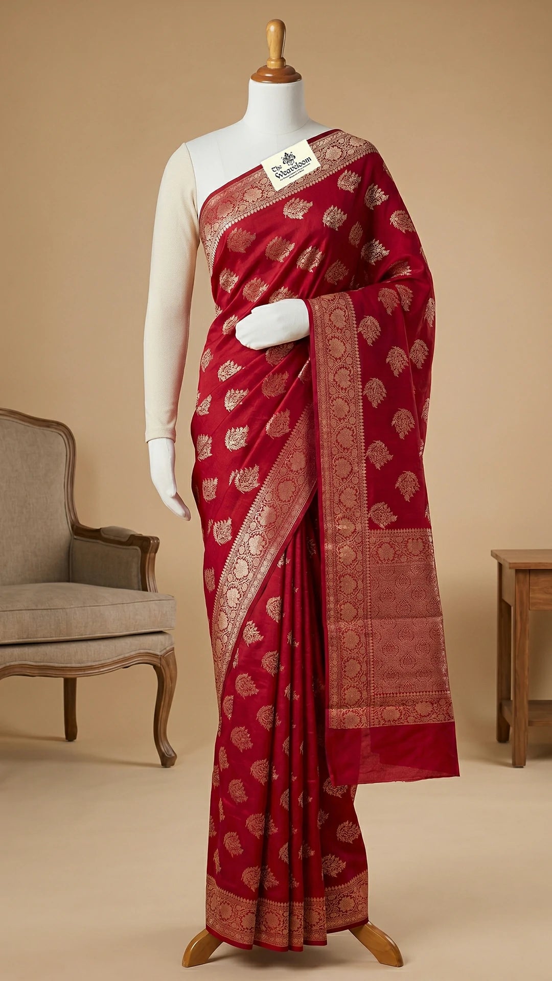 The Weaveloom Maroon Chiniya Silk Pure Banarasi Saree with Golden Meenakari Leaf Buti and Rich Zari Border