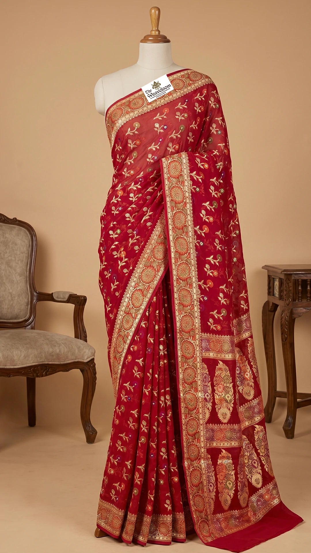 The Weaveloom Maroon Floral Meenakari Khaddi Chiffon Pure Banarasi Saree with Traditional Border and Grand Pallu